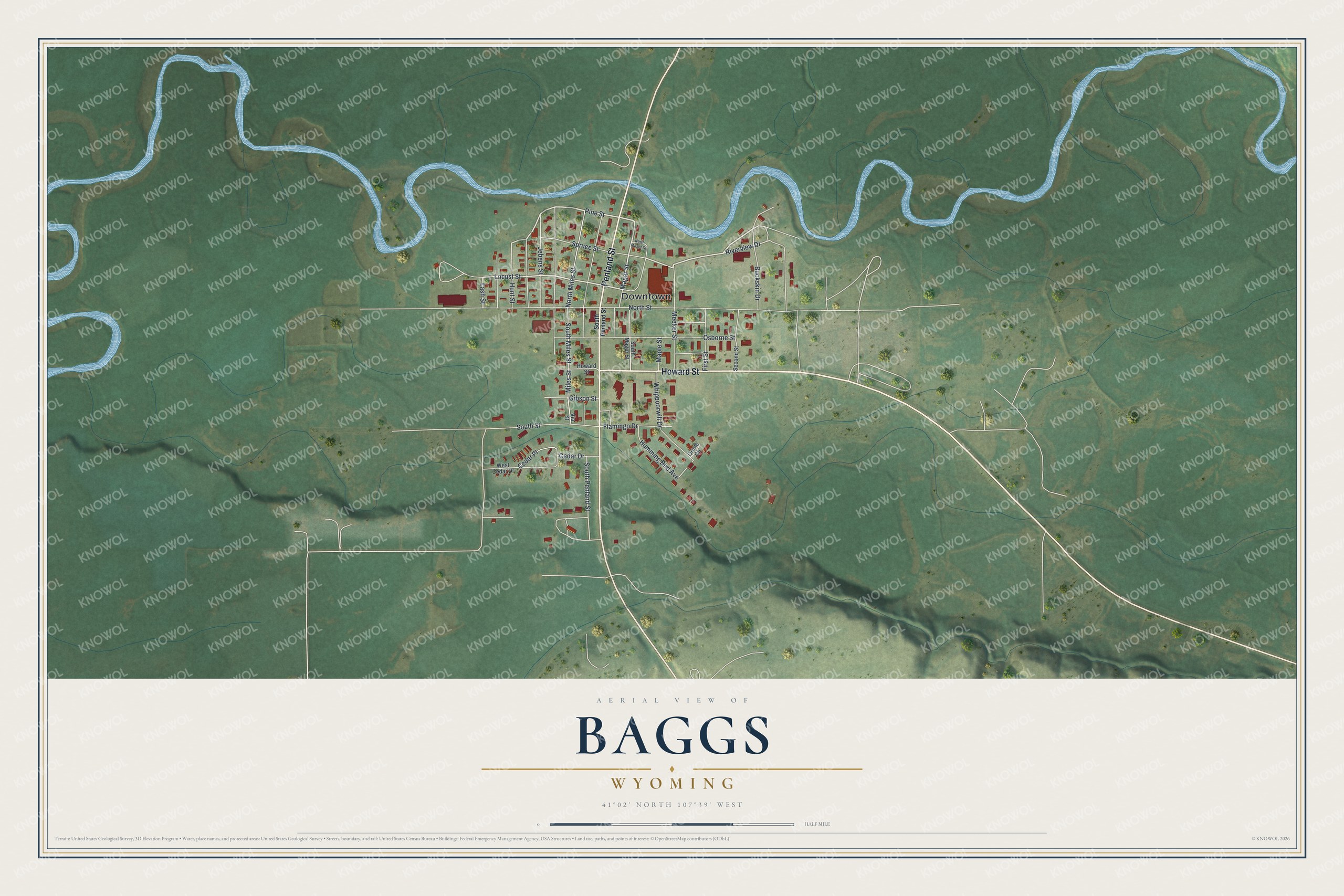 Full map of Baggs, Wyoming, with red buildings, printed street names and the land around them