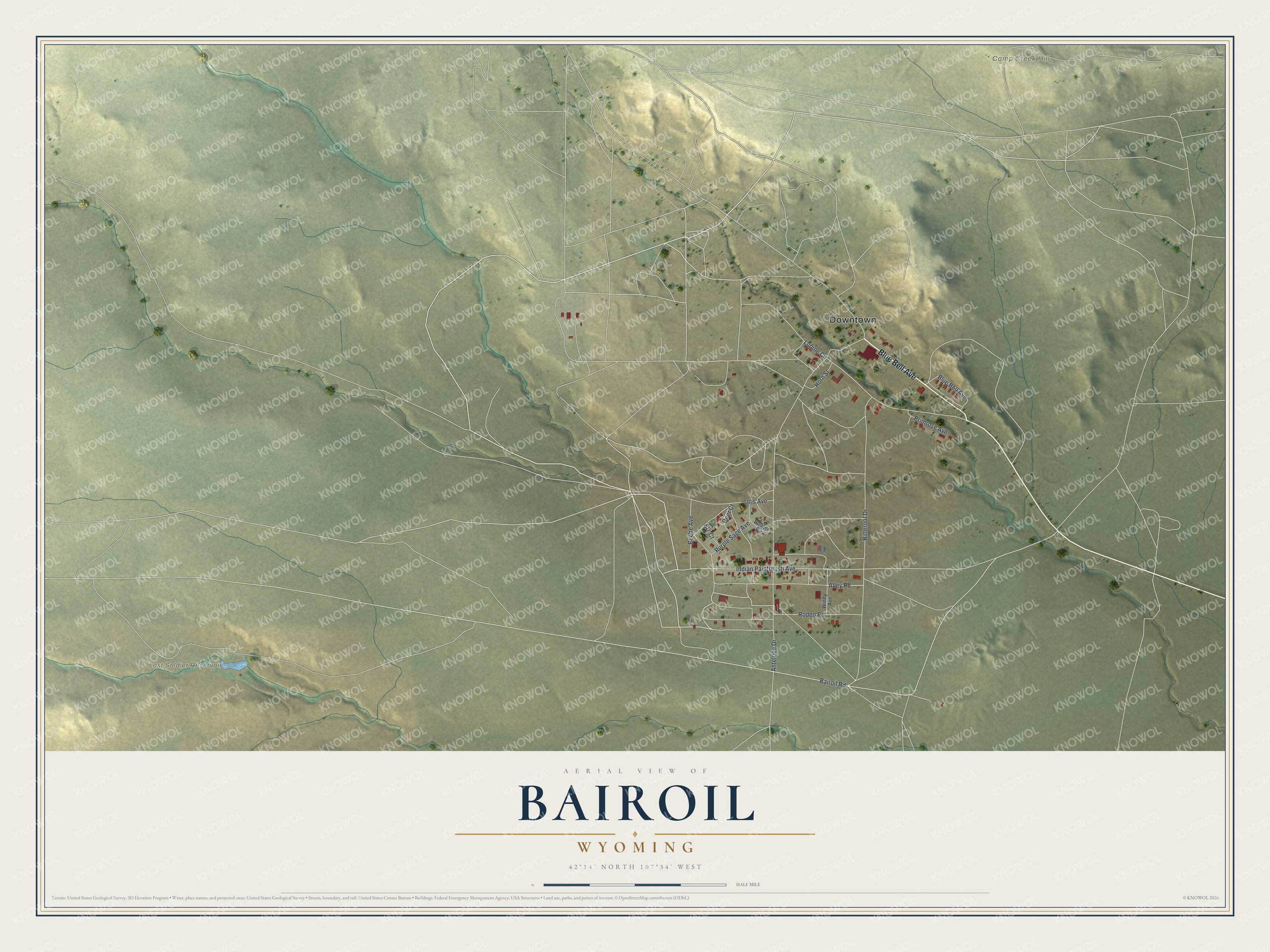Full map of Bairoil, Wyoming, with red buildings, printed street names and the land around them