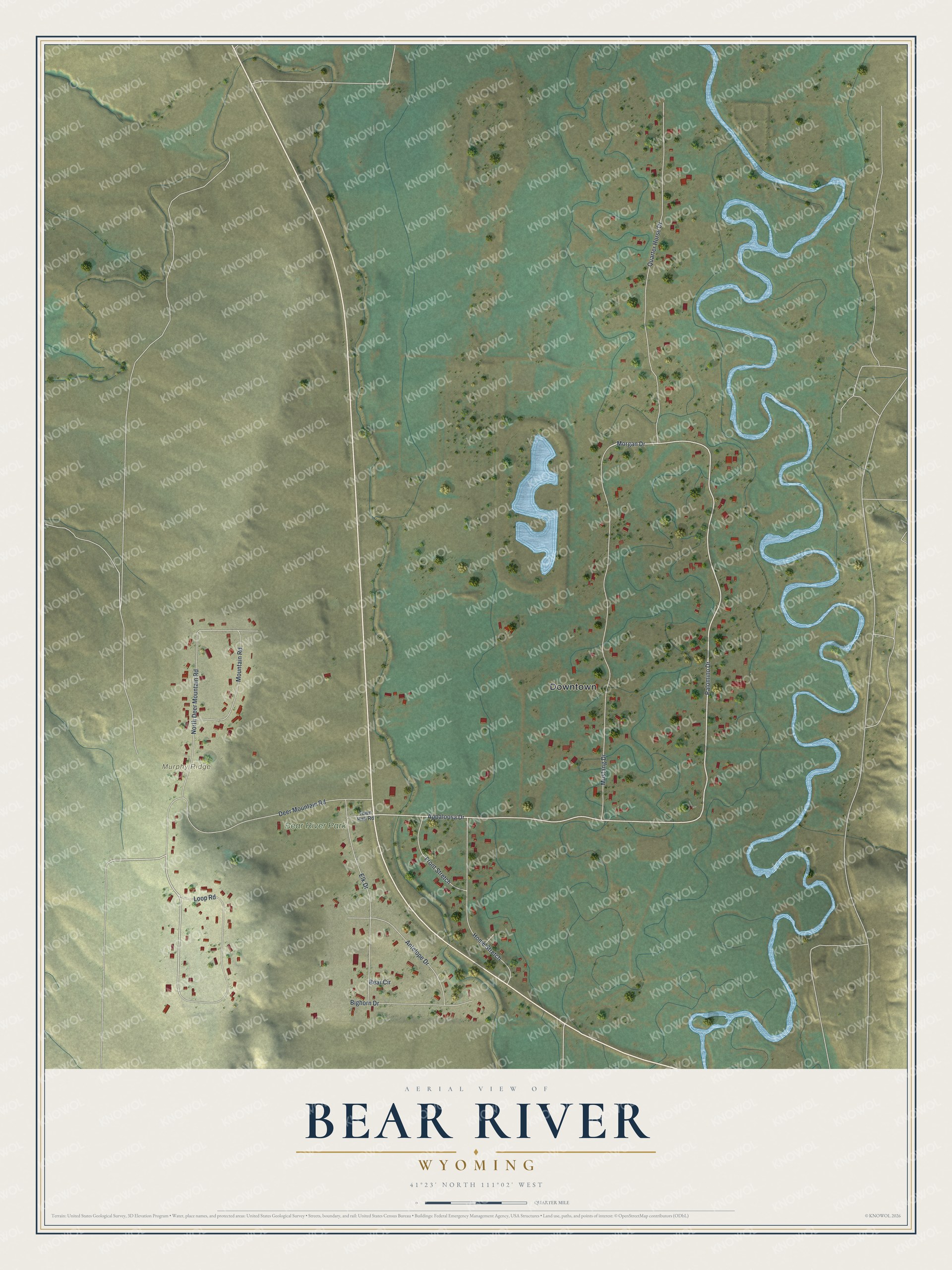 Full map of Bear River, Wyoming, with red buildings, printed street names and the land around them