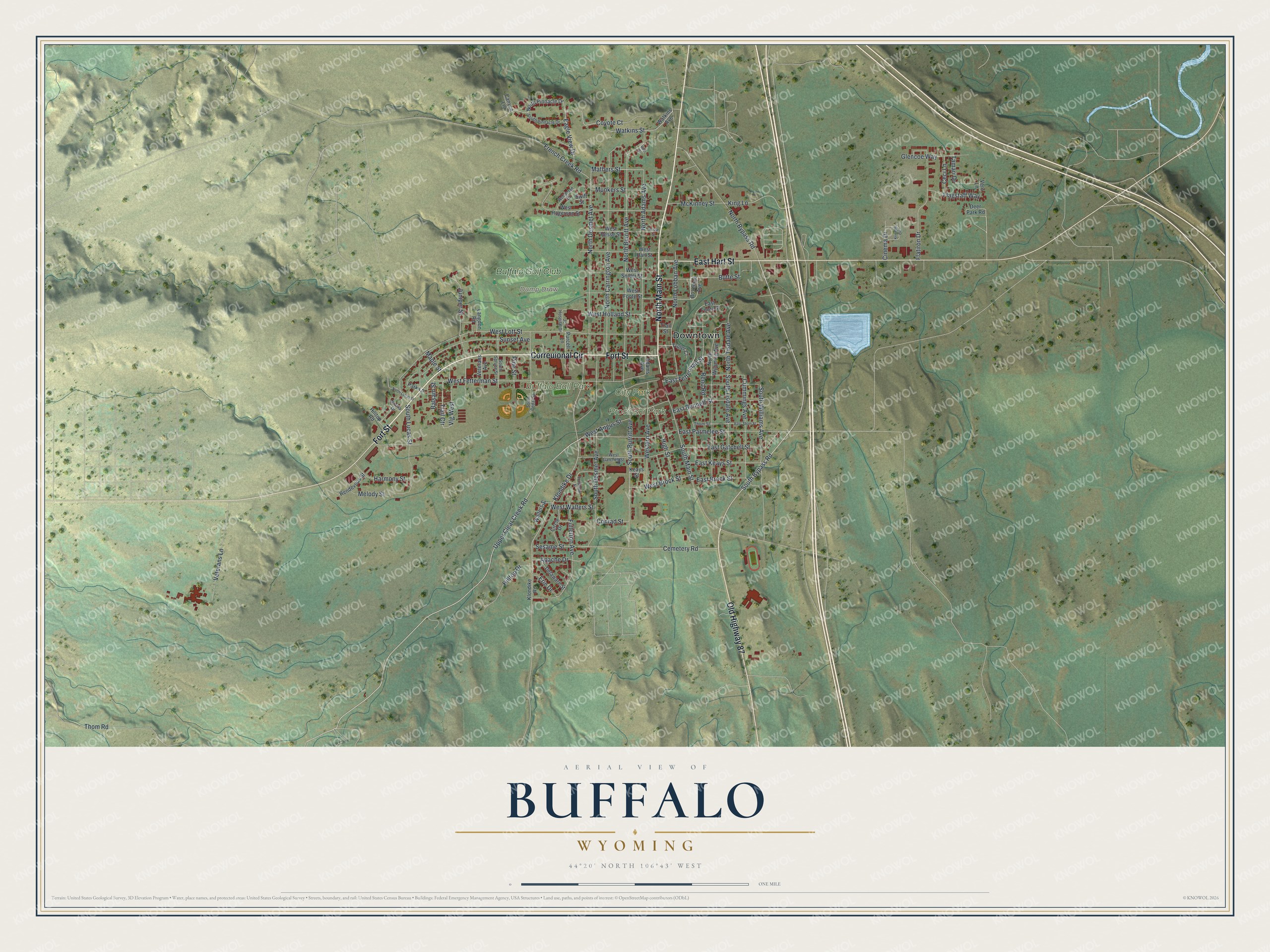 Full map of Buffalo, Wyoming, with red buildings, printed street names and the land around them