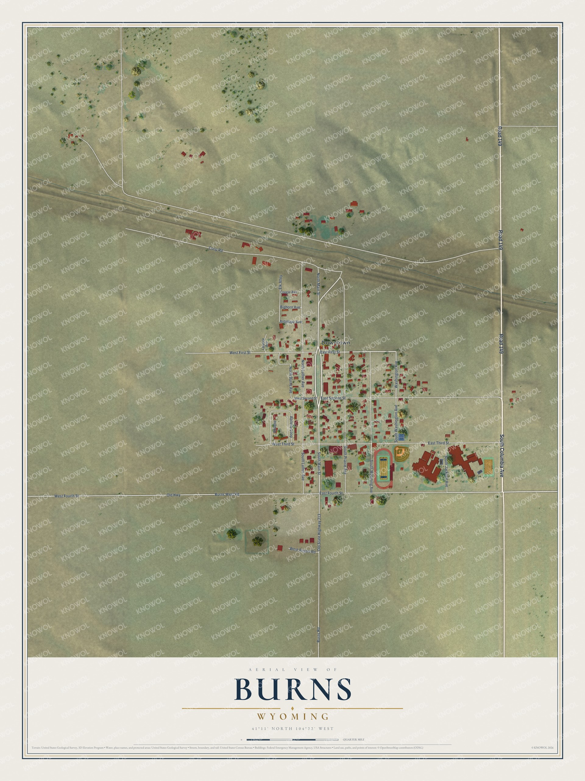 Full map of Burns, Wyoming, with red buildings, printed street names and the land around them