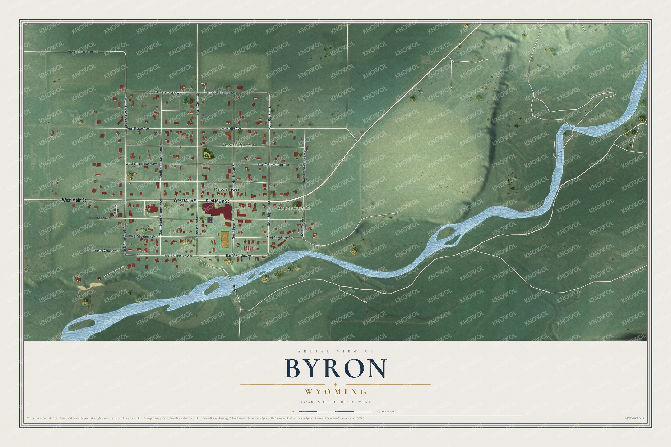 Full map of Byron, Wyoming, with red buildings, printed street names and the land around them