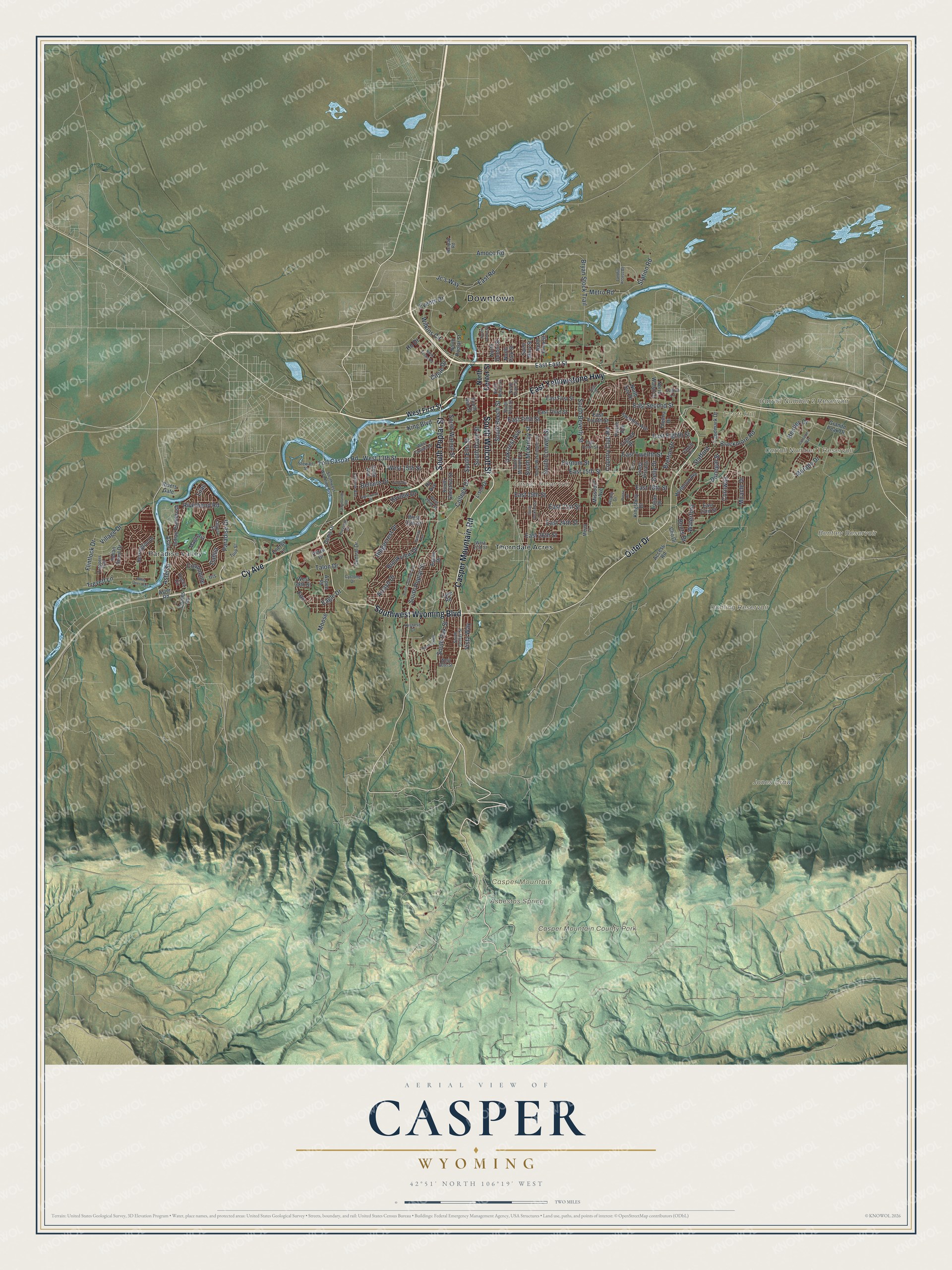 Full map of Casper, Wyoming, with red buildings, printed street names and the land around them