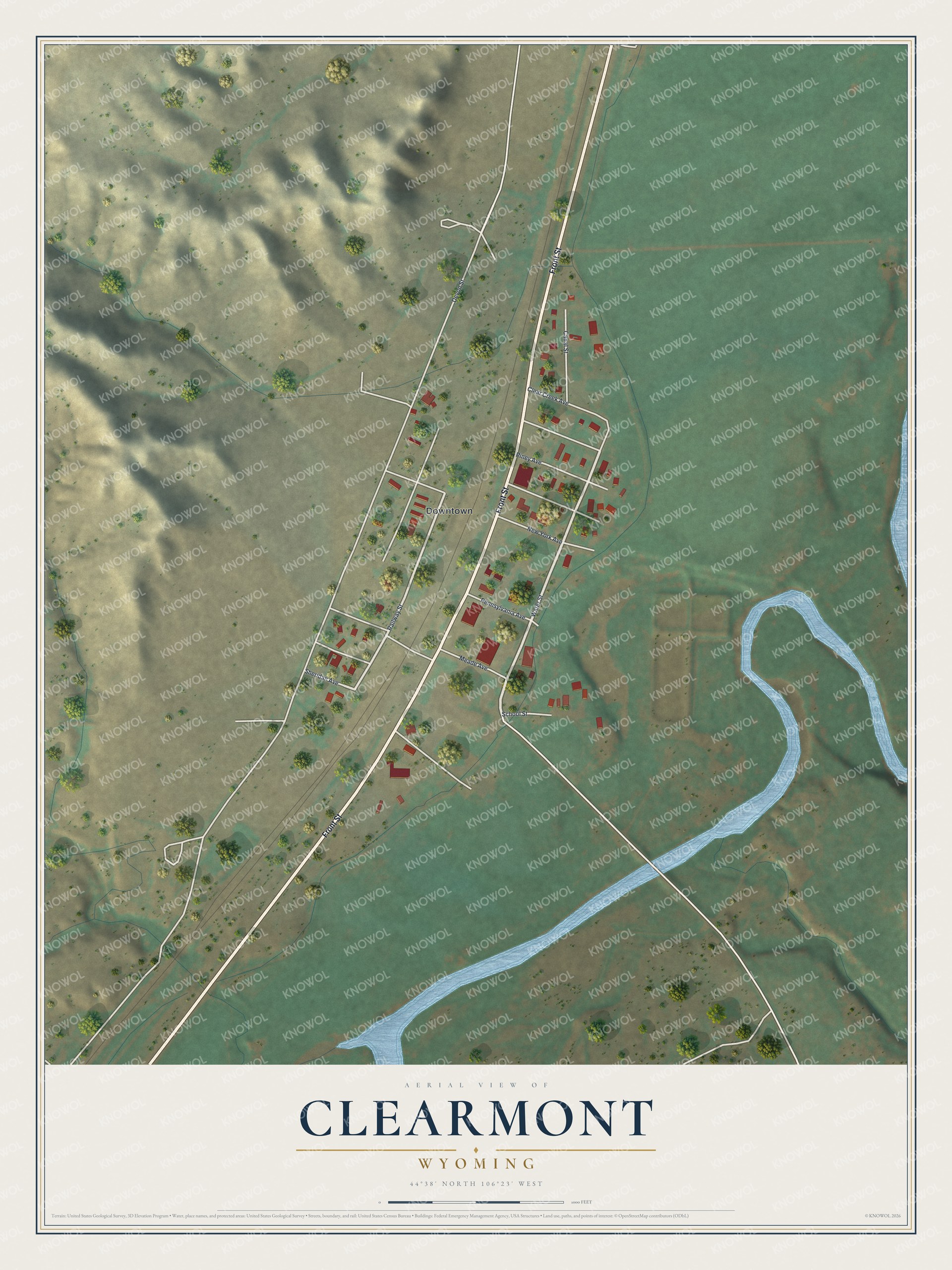 Full map of Clearmont, Wyoming, with red buildings, printed street names and the land around them