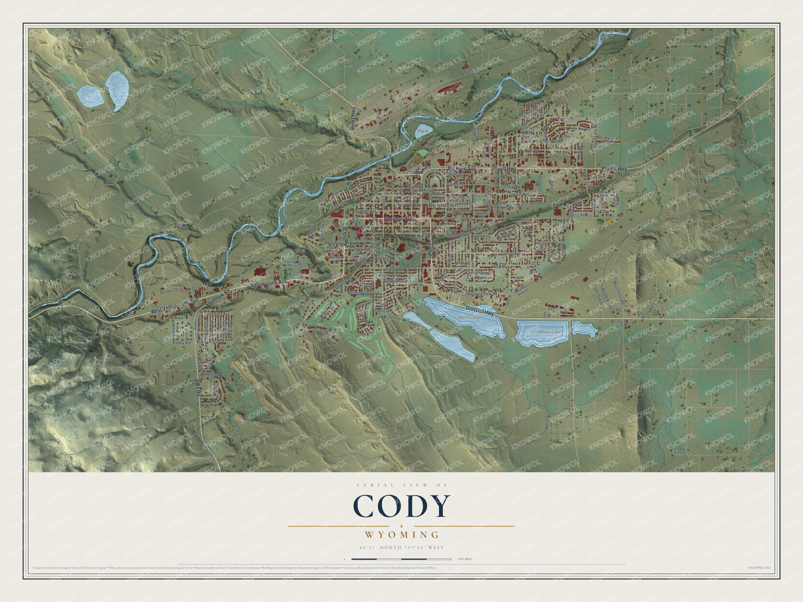 Full map of Cody, Wyoming, with red buildings, printed street names and the land around them