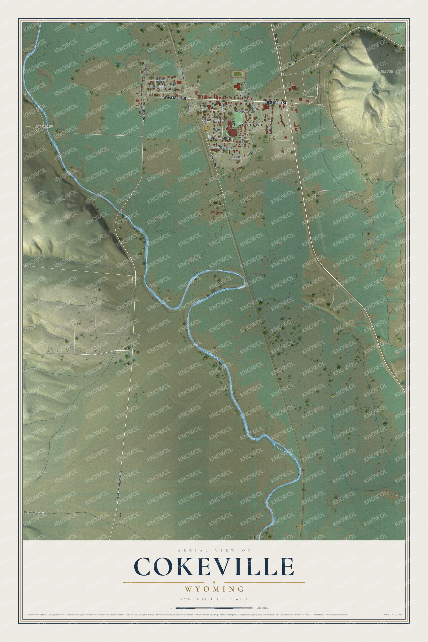 Full map of Cokeville, Wyoming, with red buildings, printed street names and the land around them