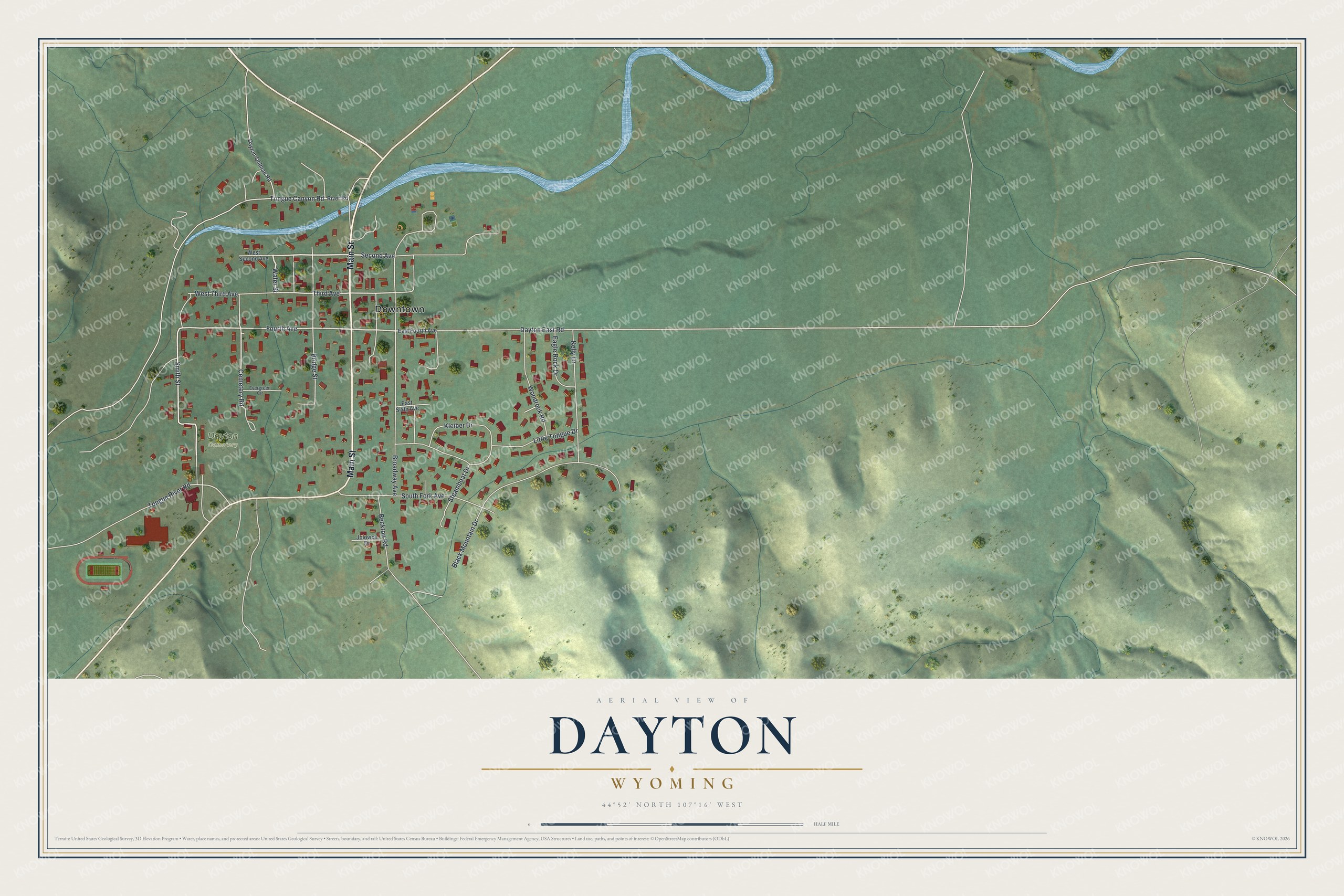 Full map of Dayton, Wyoming, with red buildings, printed street names and the land around them