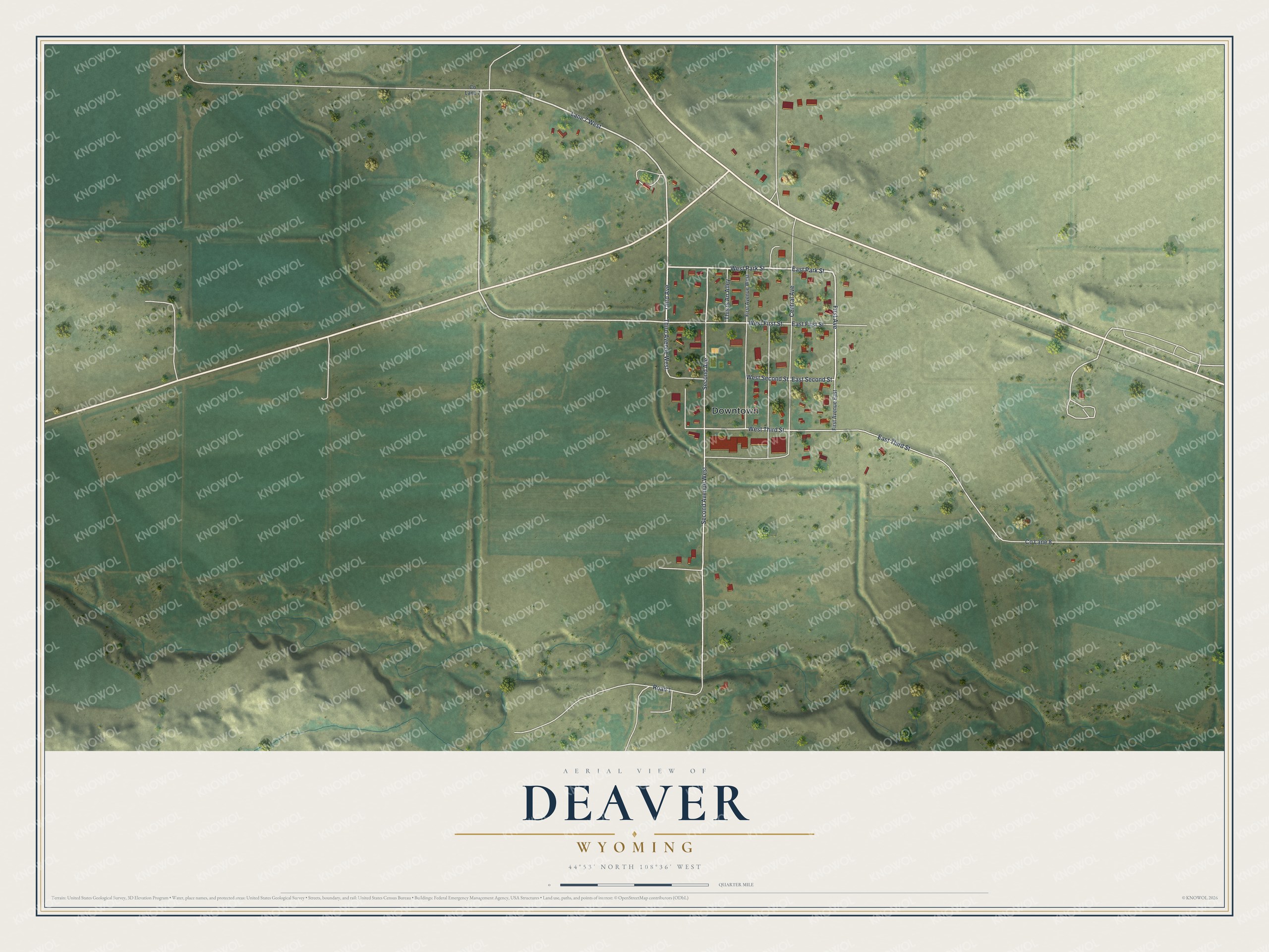 Full map of Deaver, Wyoming, with red buildings, printed street names and the land around them