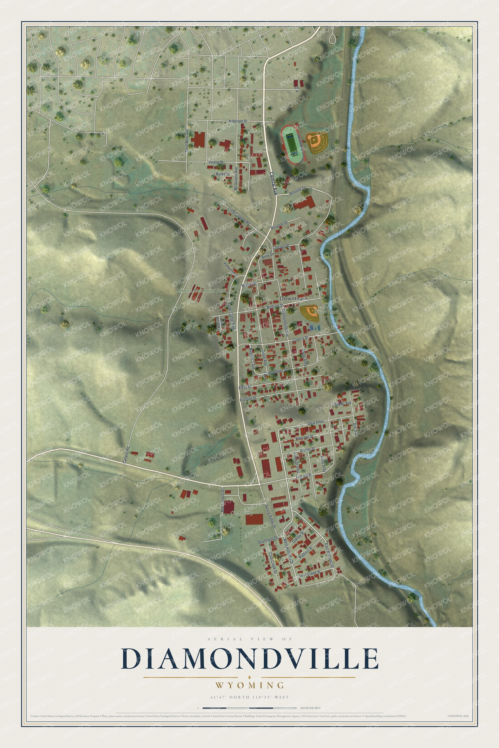 Full map of Diamondville, Wyoming, with red buildings, printed street names and the land around them