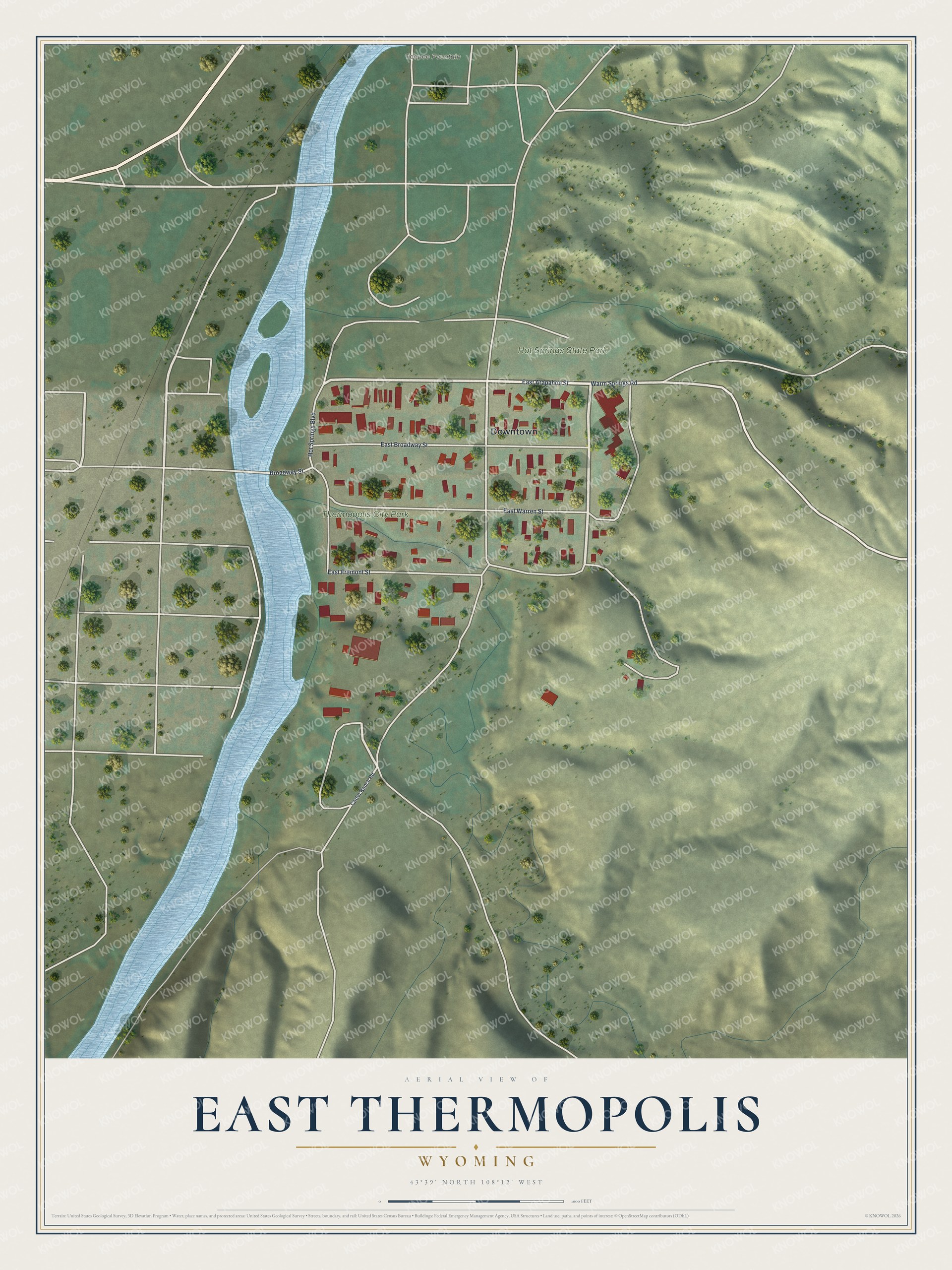 Full map of East Thermopolis, Wyoming, with red buildings, printed street names and the land around them