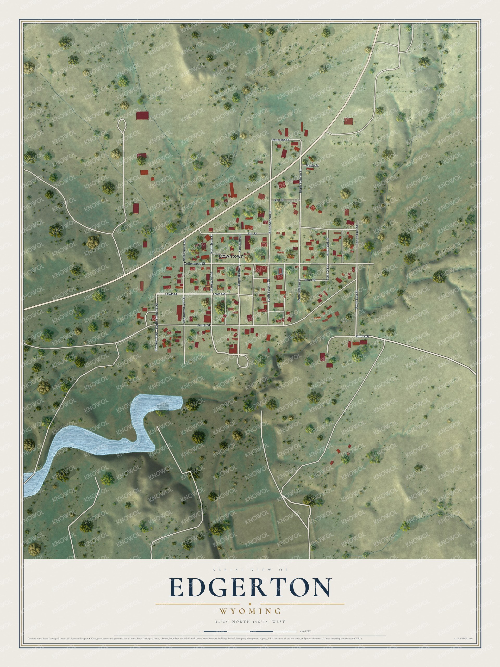 Full map of Edgerton, Wyoming, with red buildings, printed street names and the land around them