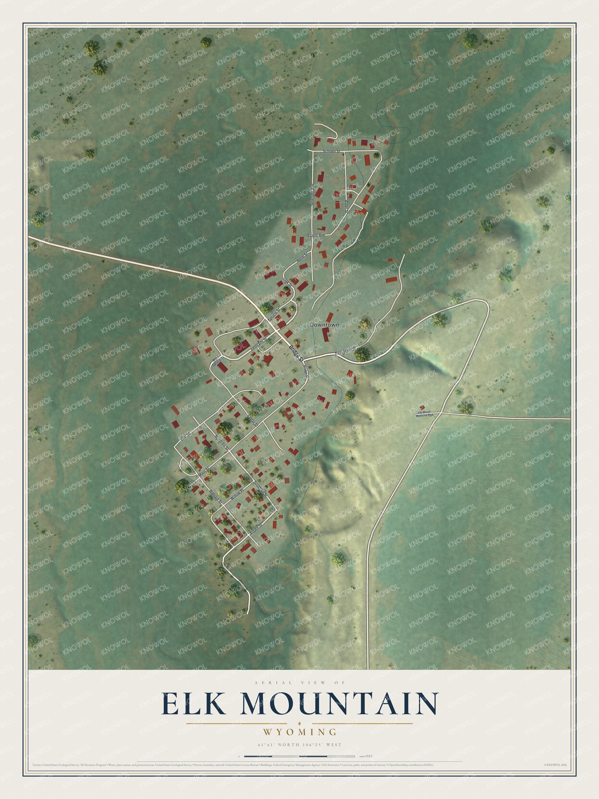 Full map of Elk Mountain, Wyoming, with red buildings, printed street names and the land around them
