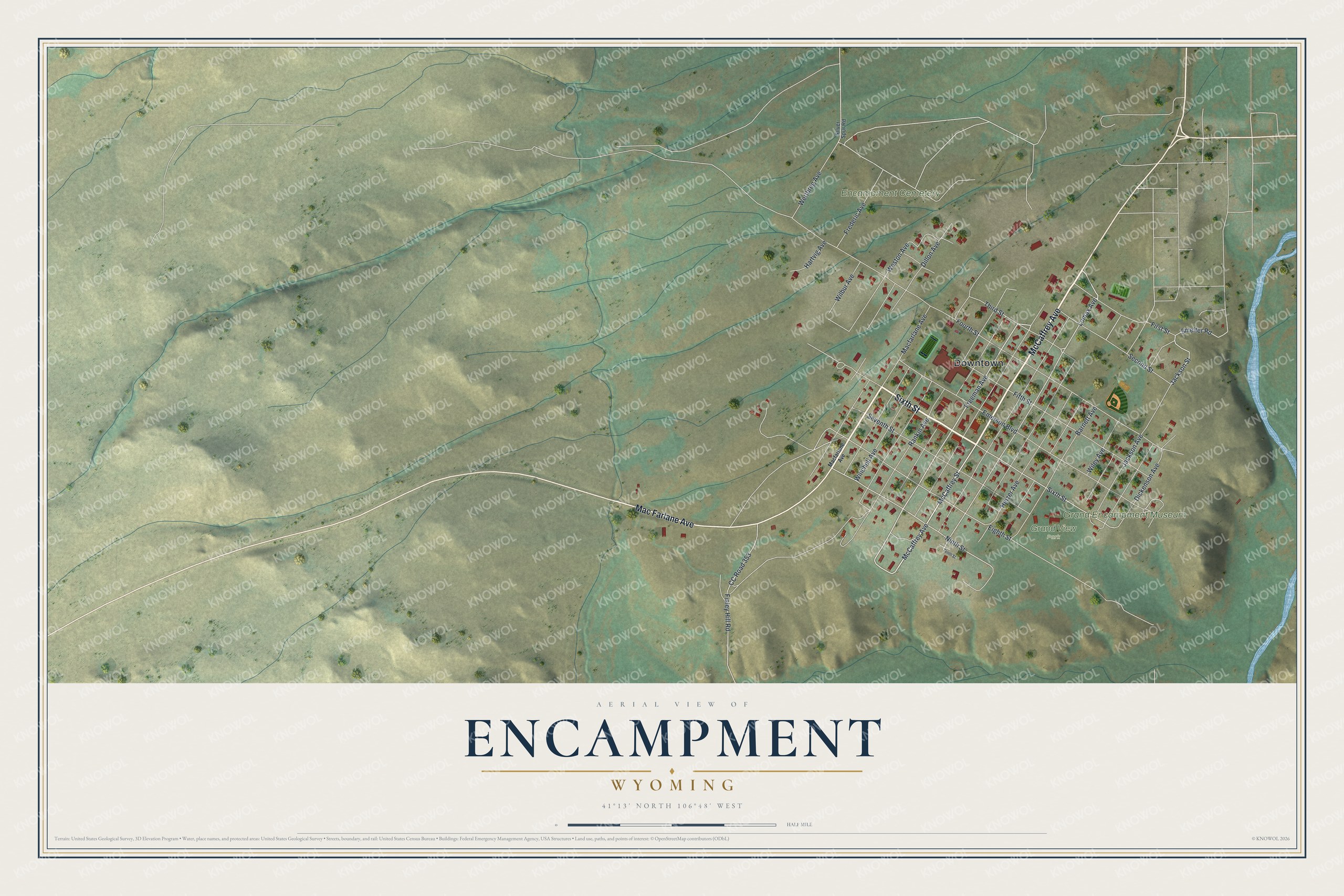 Full map of Encampment, Wyoming, with red buildings, printed street names and the land around them