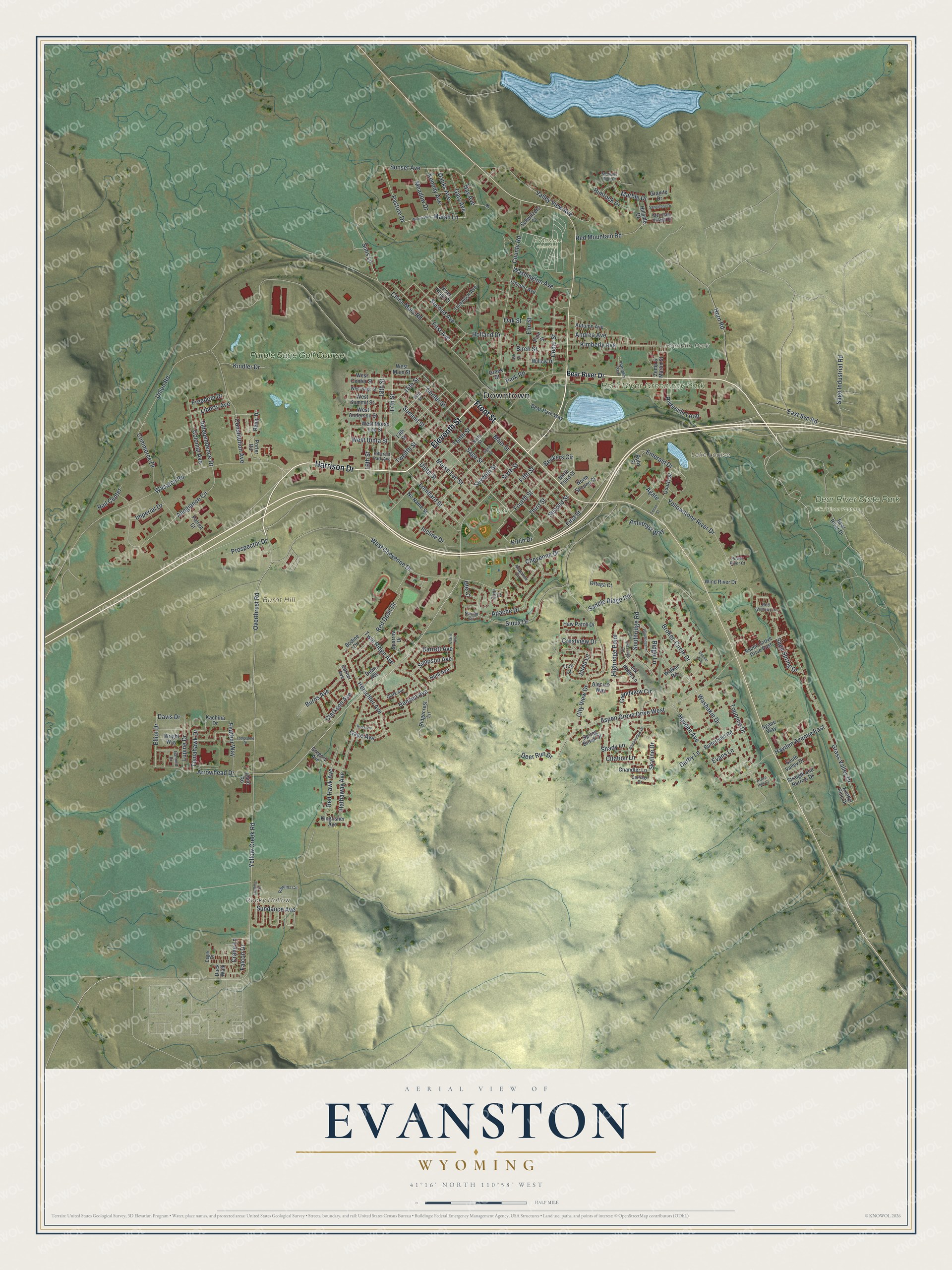 Full map of Evanston, Wyoming, with red buildings, printed street names and the land around them