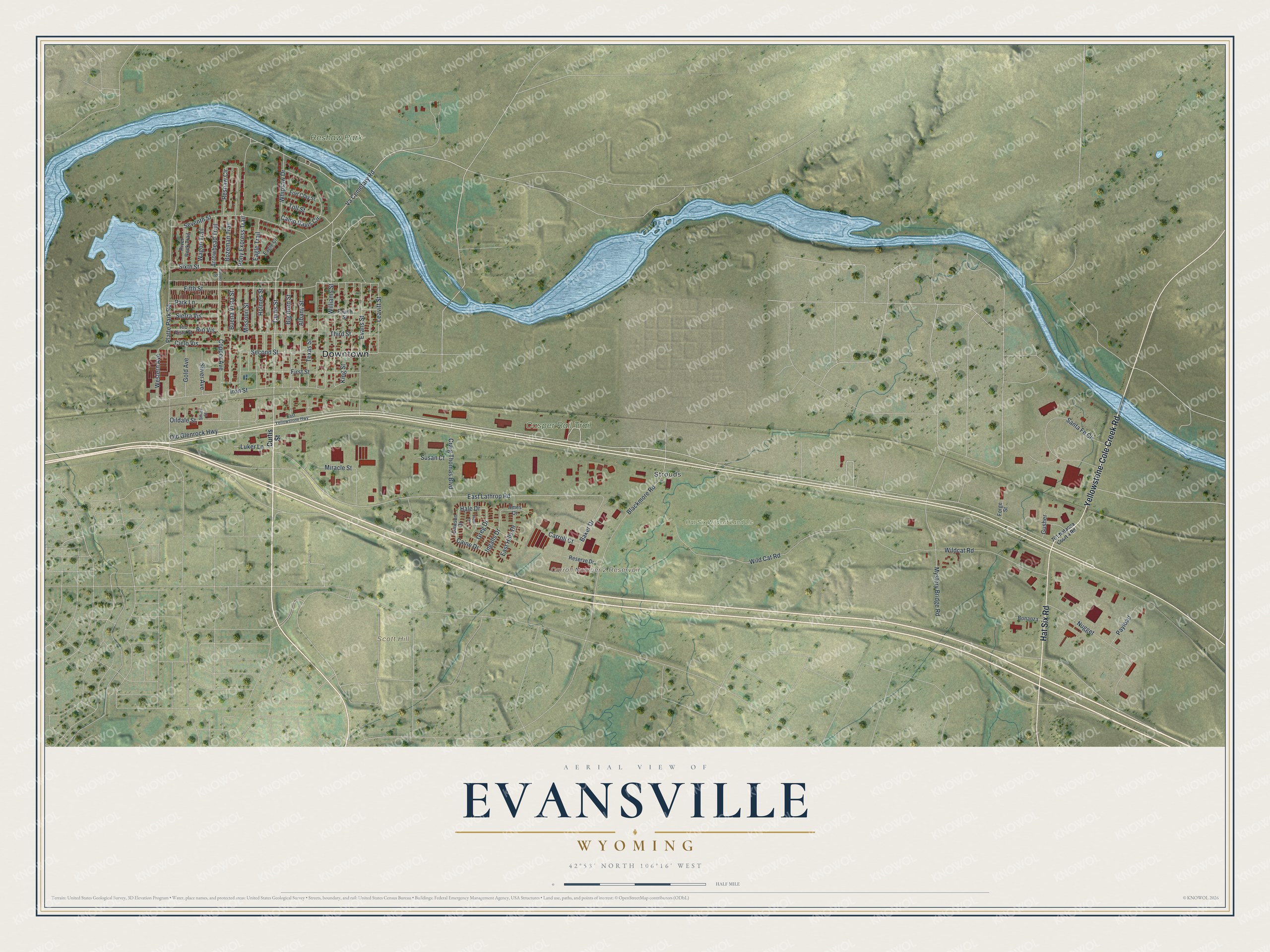 Full map of Evansville, Wyoming, with red buildings, printed street names and the land around them