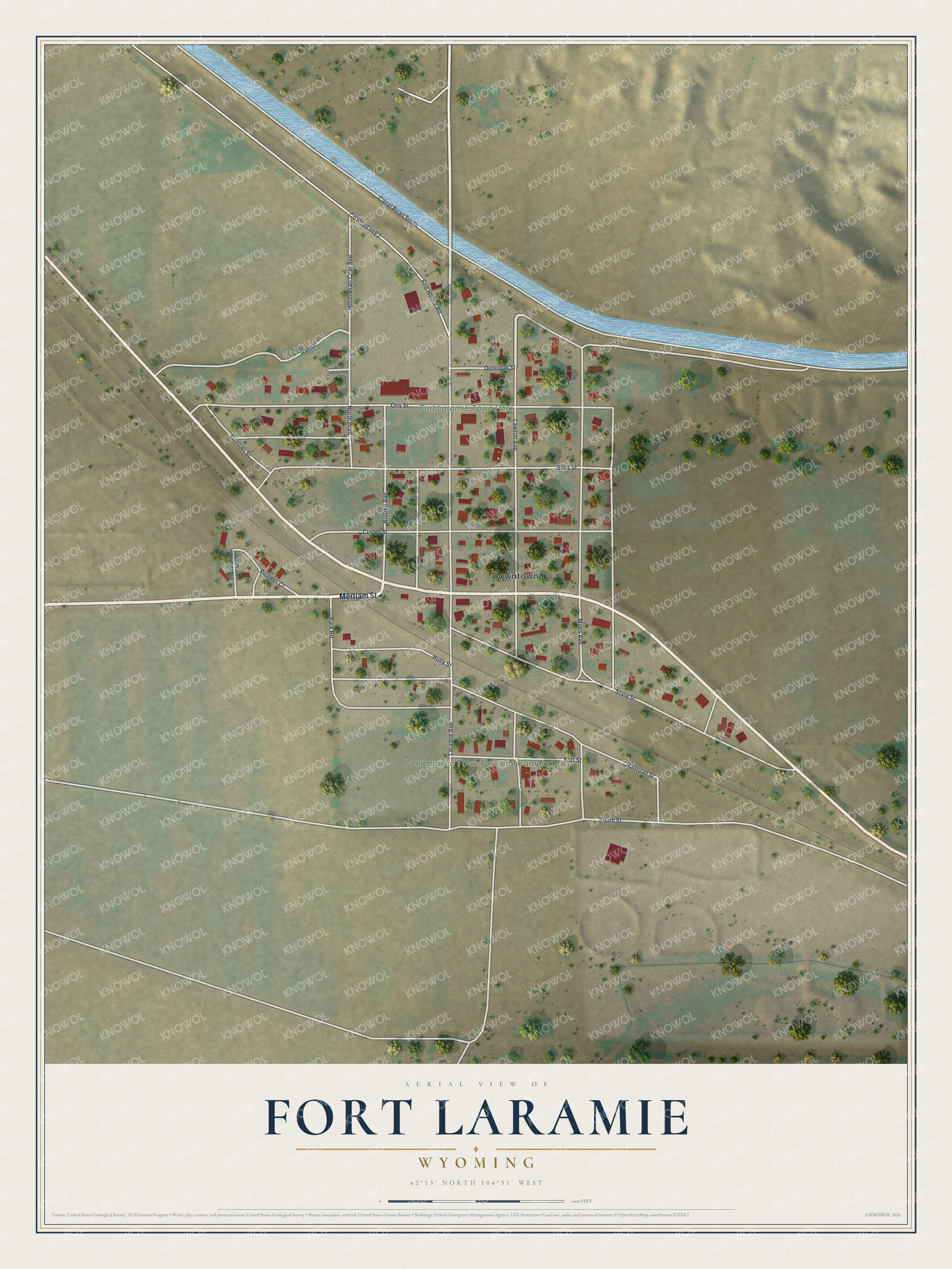 Full map of Fort Laramie, Wyoming, with red buildings, printed street names and the land around them