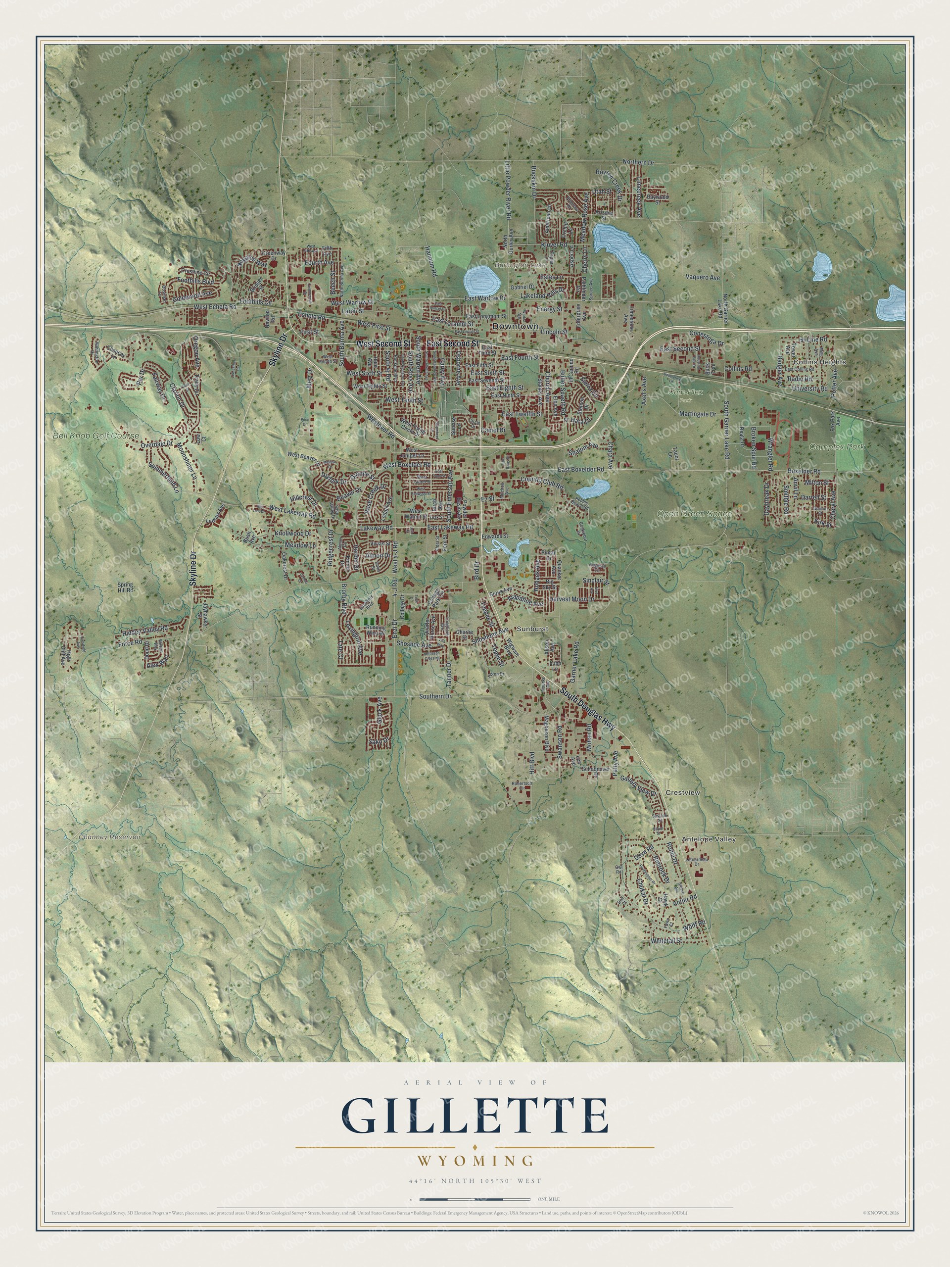 Full map of Gillette, Wyoming, with red buildings, printed street names and the land around them