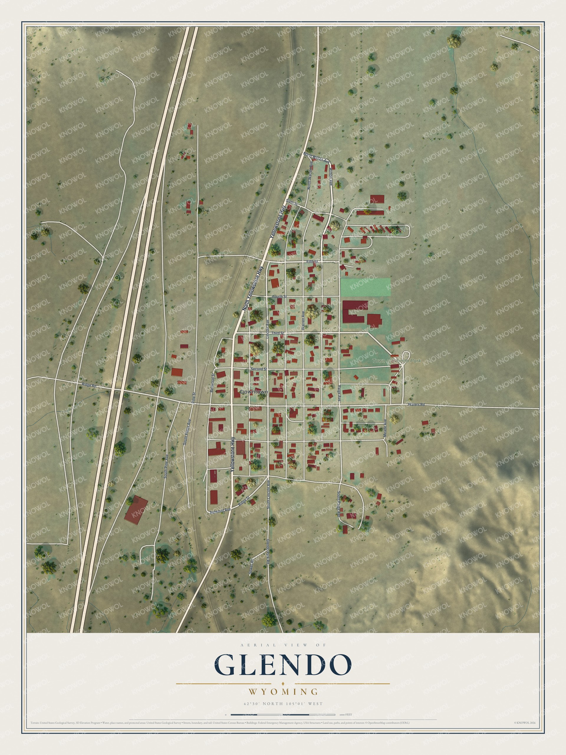 Full map of Glendo, Wyoming, with red buildings, printed street names and the land around them