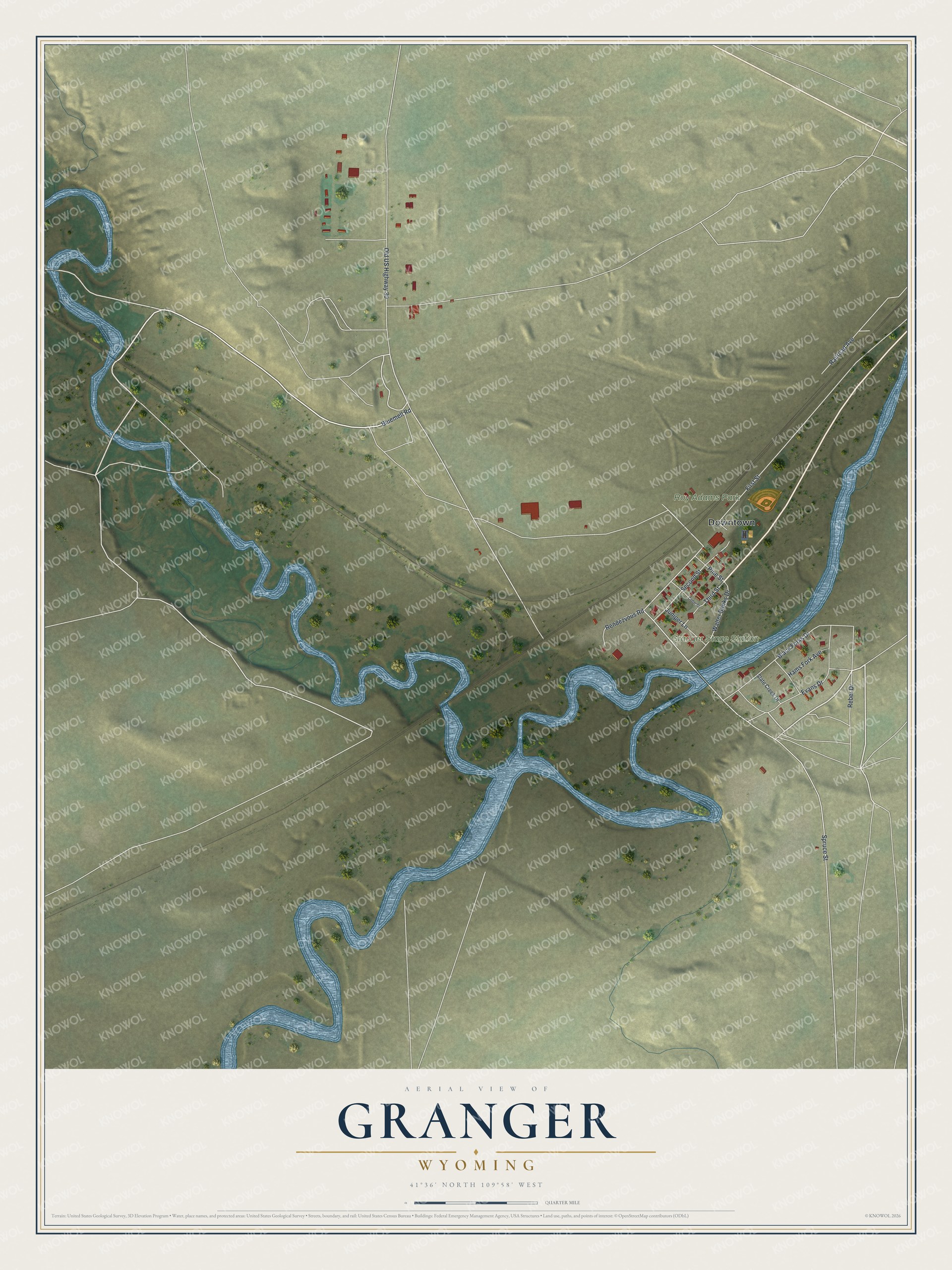 Full map of Granger, Wyoming, with red buildings, printed street names and the land around them
