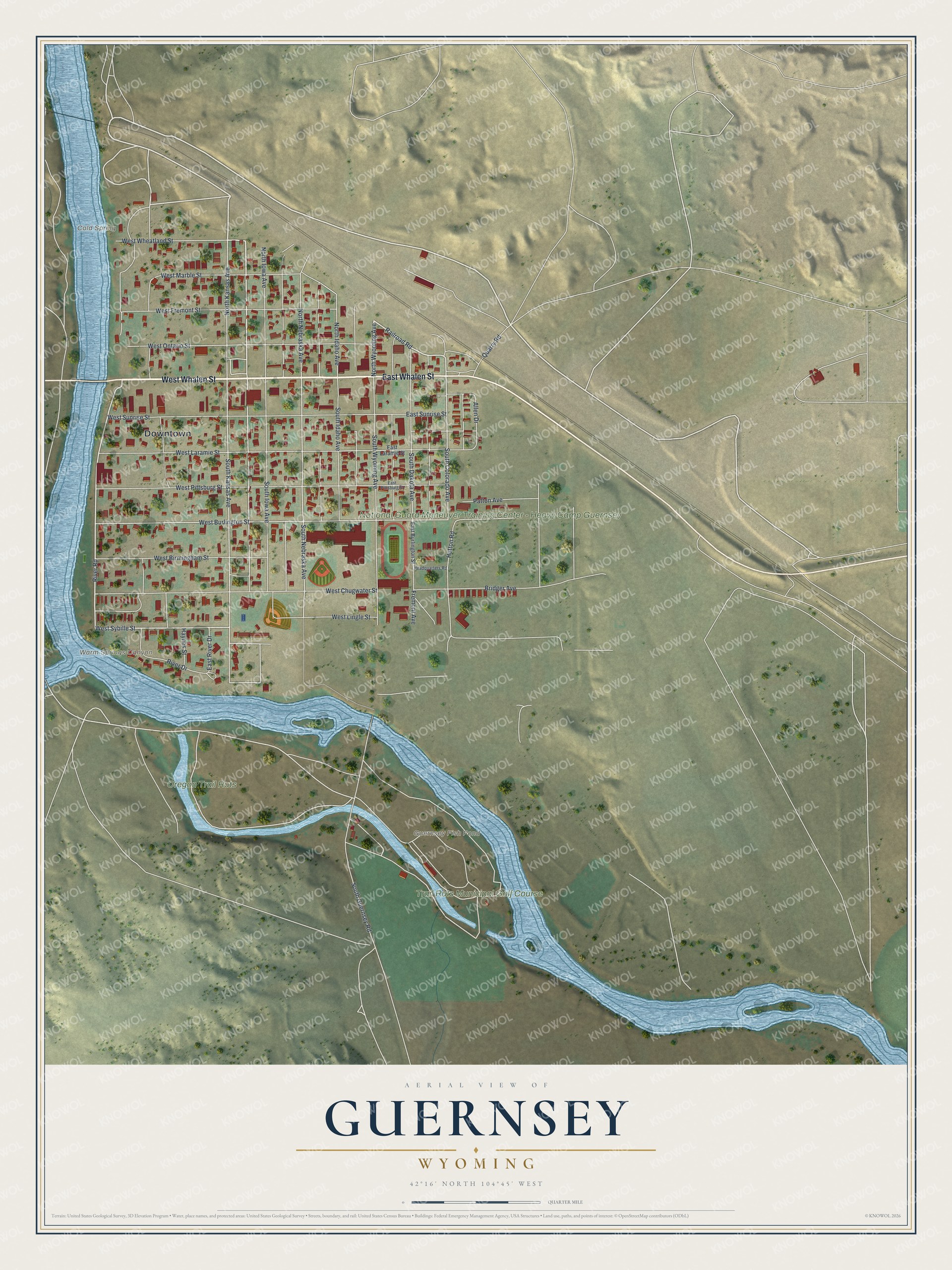 Full map of Guernsey, Wyoming, with red buildings, printed street names and the land around them