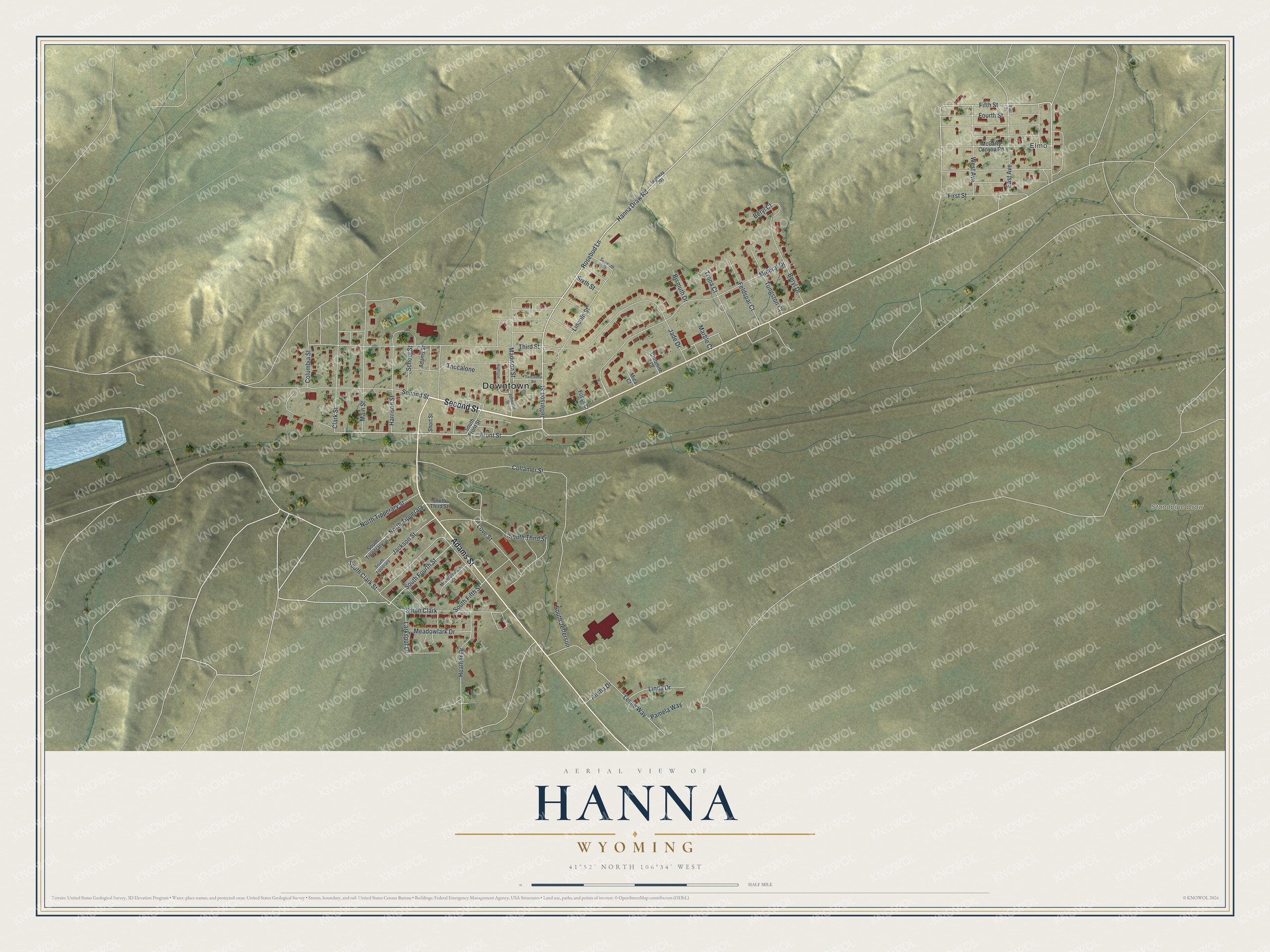 Full map of Hanna, Wyoming, with red buildings, printed street names and the land around them