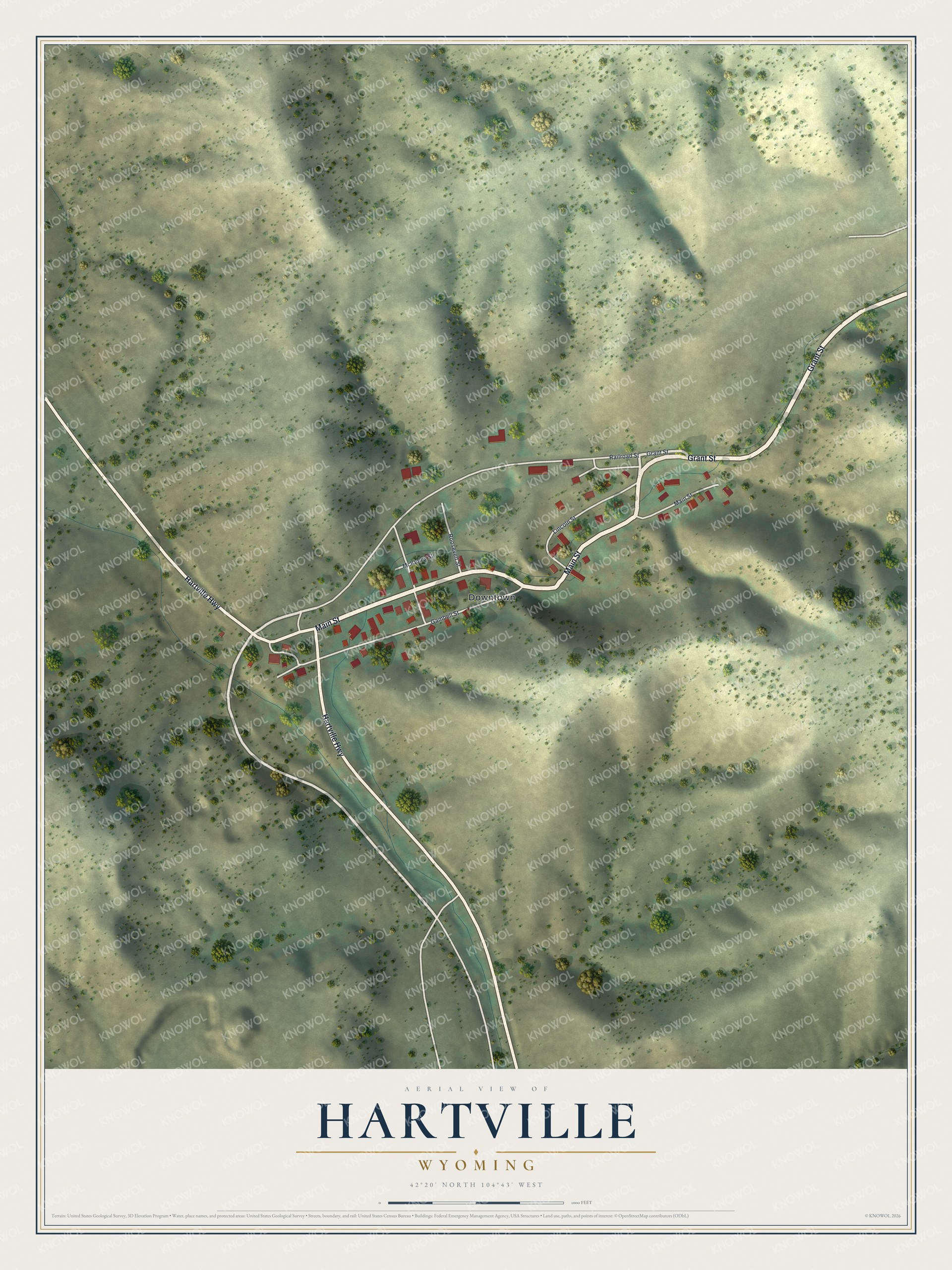 Full map of Hartville, Wyoming, with red buildings, printed street names and the land around them