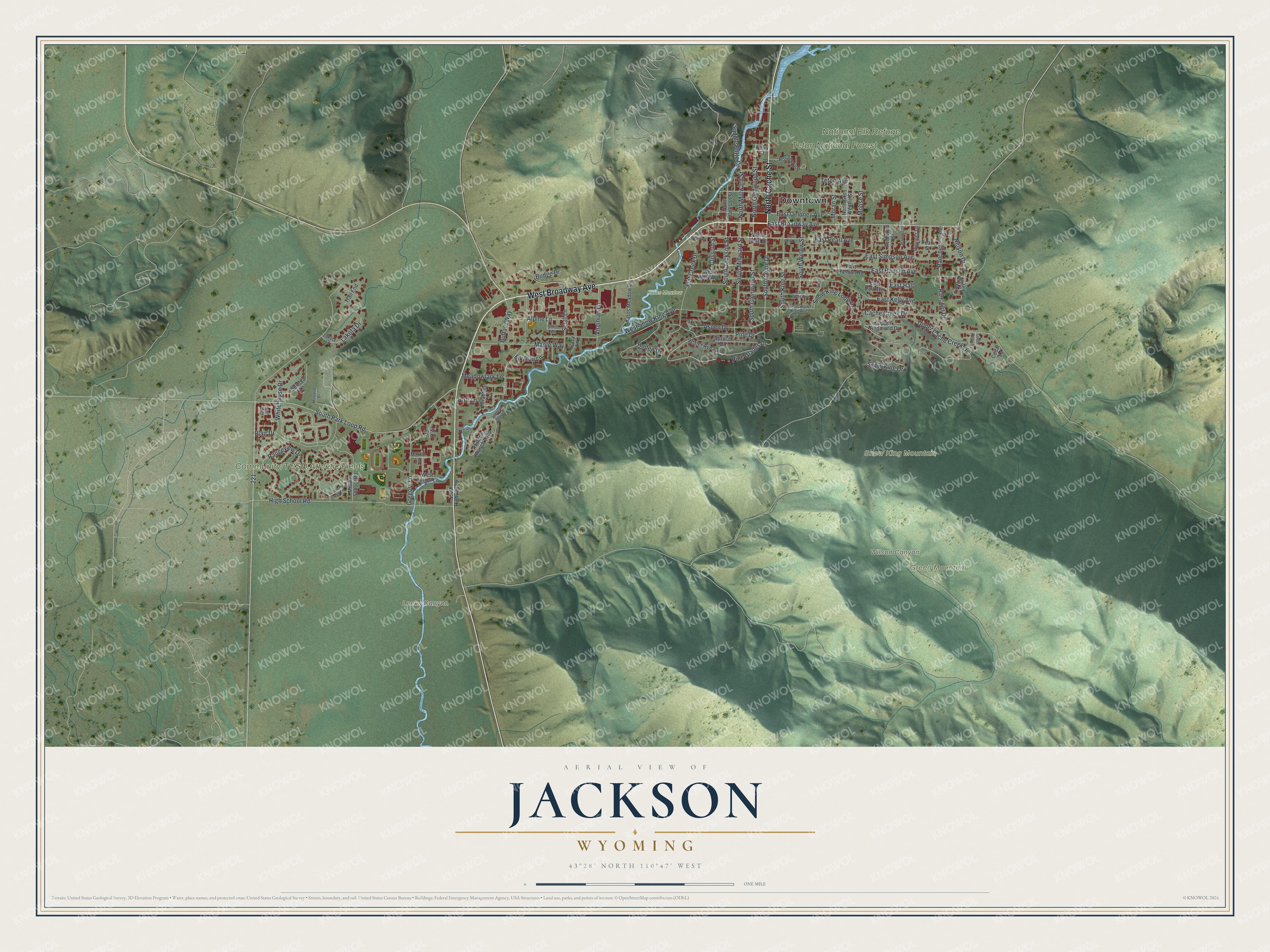 Full map of Jackson, Wyoming, with red buildings, printed street names and the land around them