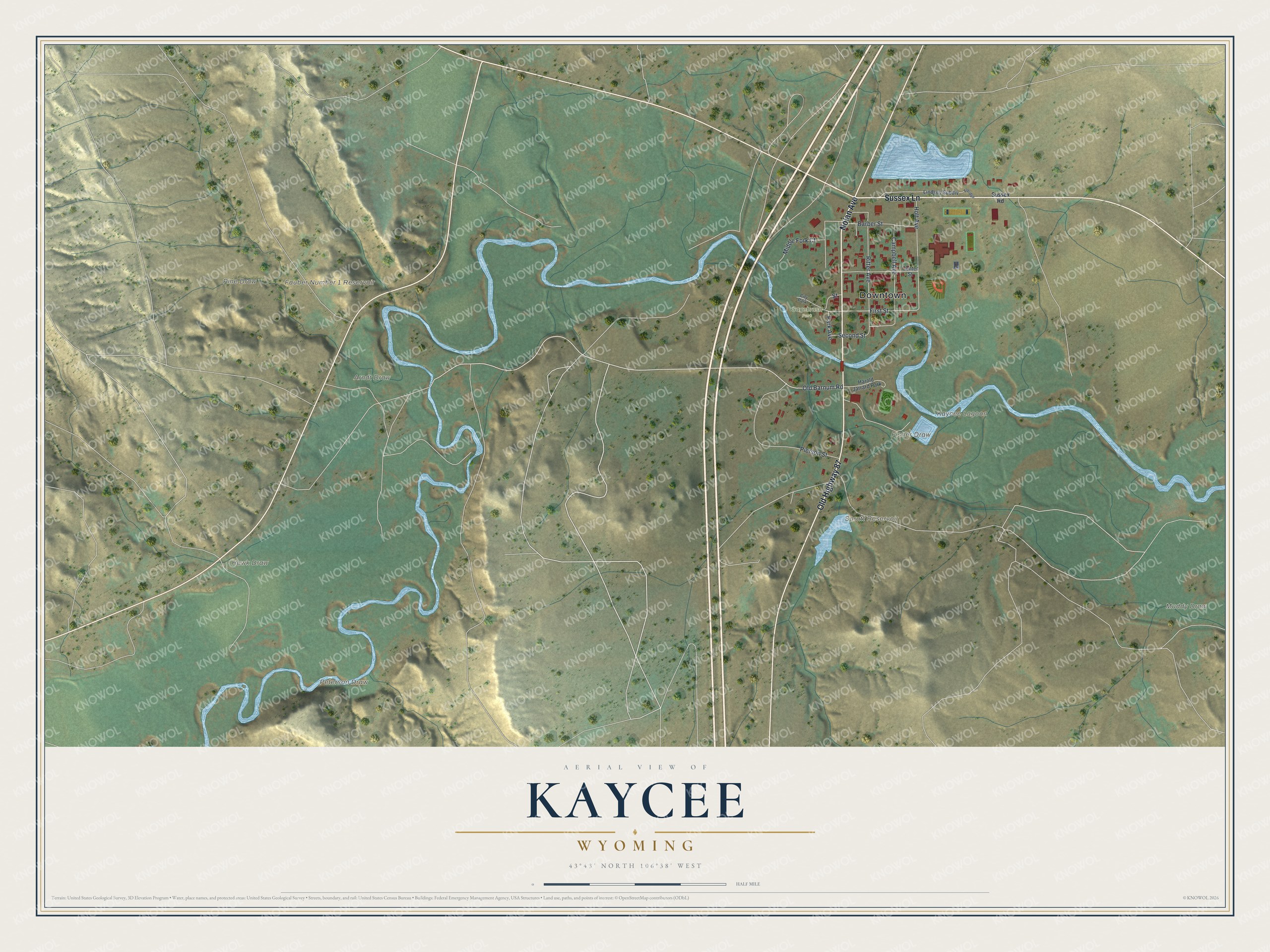 Full map of Kaycee, Wyoming, with red buildings, printed street names and the land around them