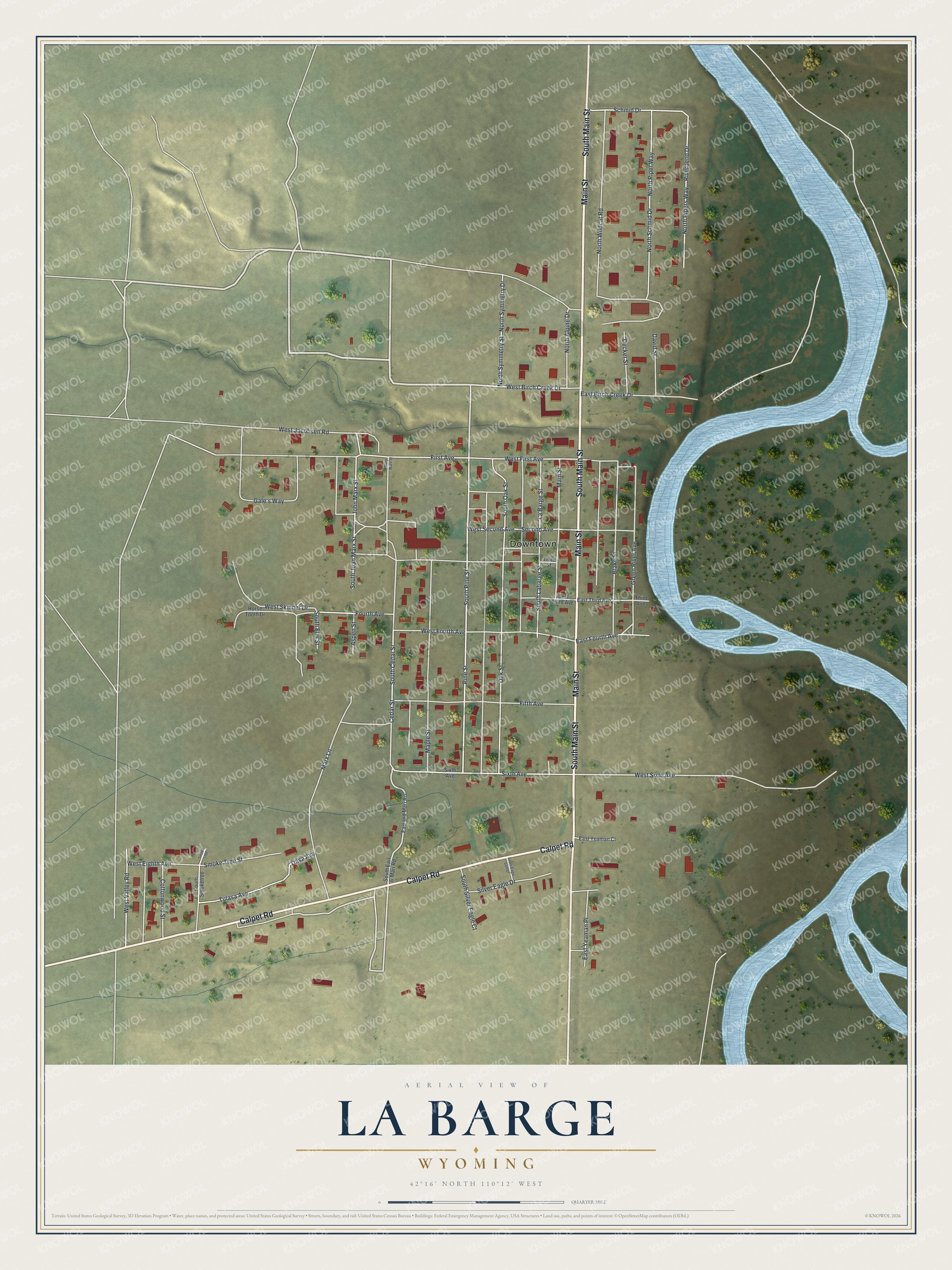 Full map of La Barge, Wyoming, with red buildings, printed street names and the land around them
