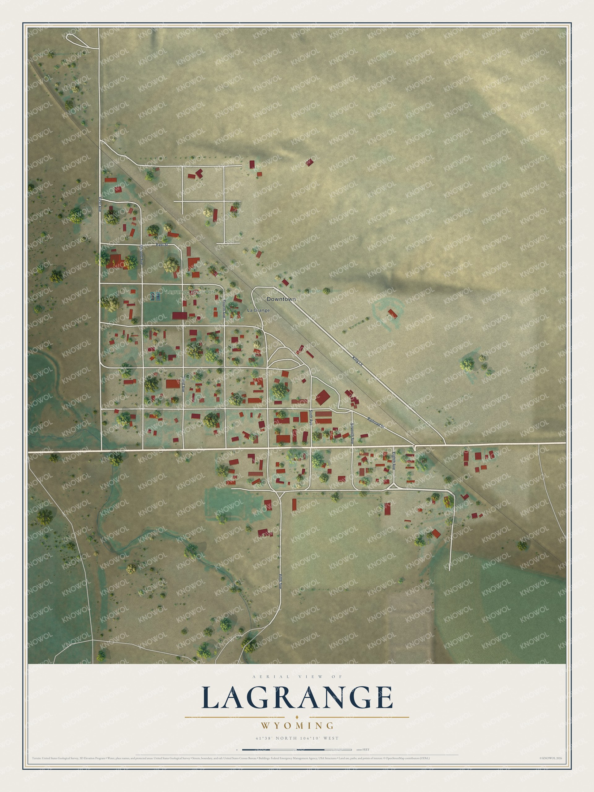 Full map of LaGrange, Wyoming, with red buildings, printed street names and the land around them