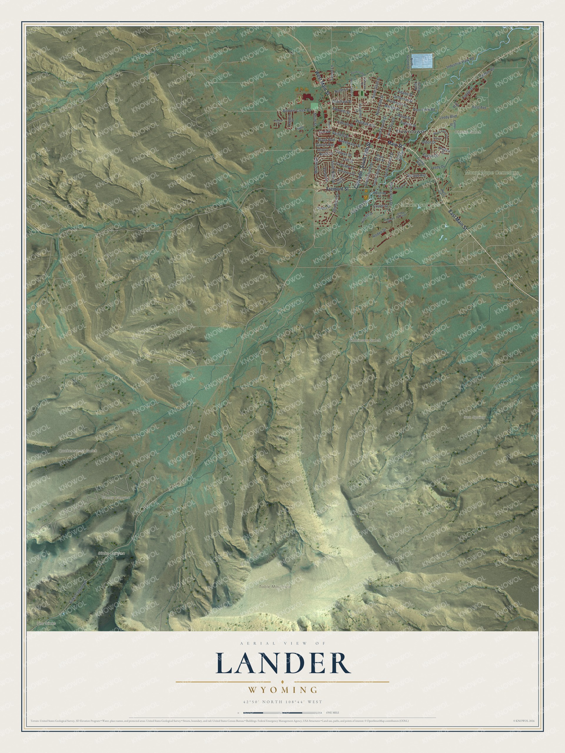 Full map of Lander, Wyoming, with red buildings, printed street names and the land around them