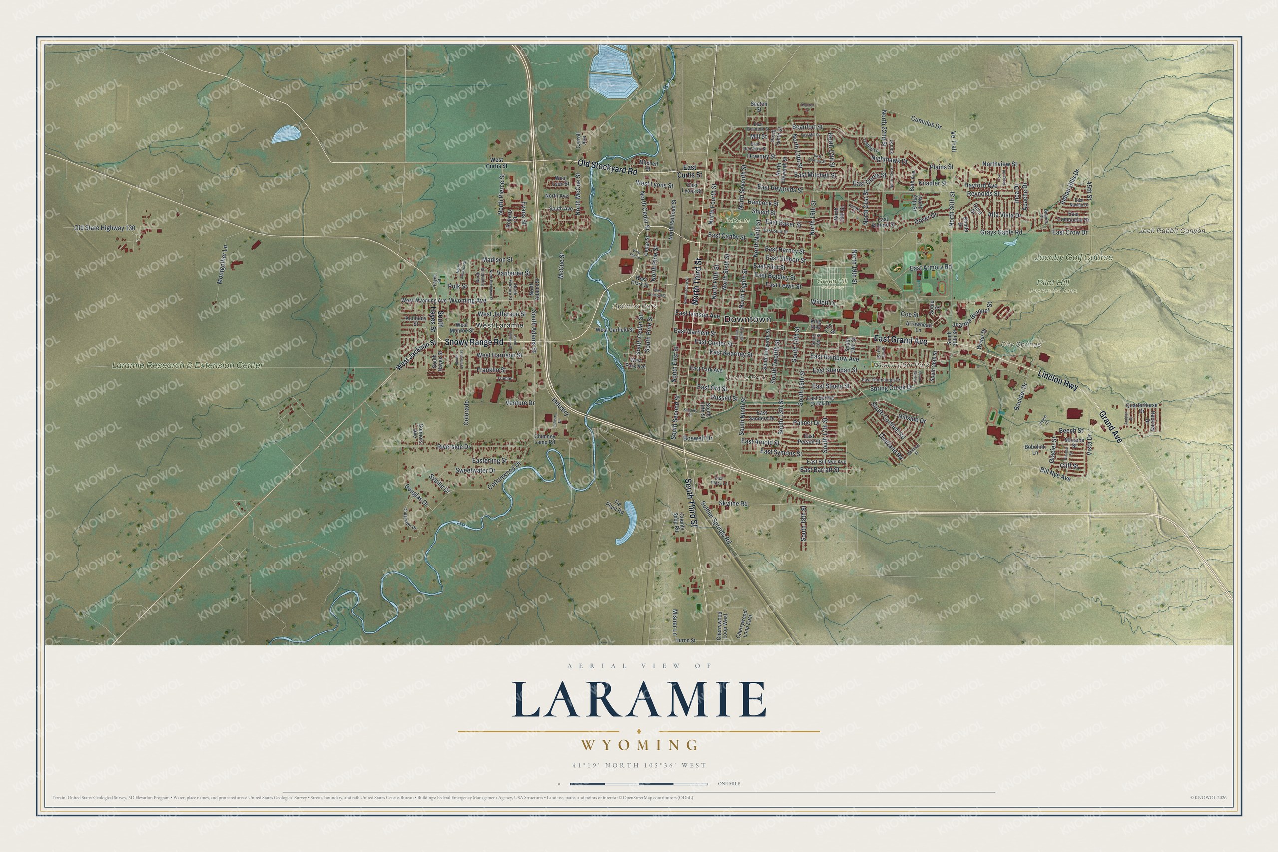 Full map of Laramie, Wyoming, with red buildings, printed street names and the land around them
