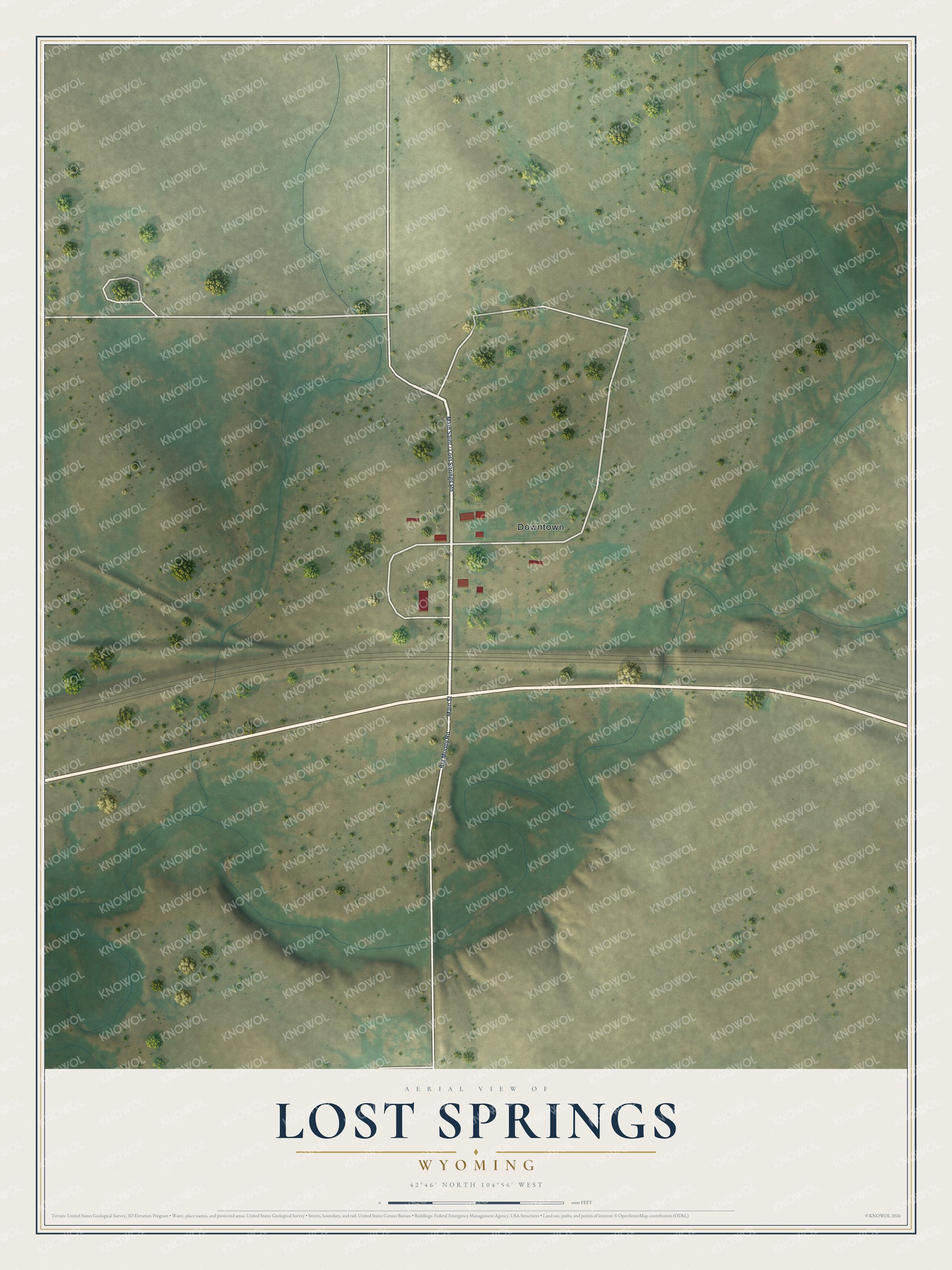 Full map of Lost Springs, Wyoming, with red buildings, printed street names and the land around them