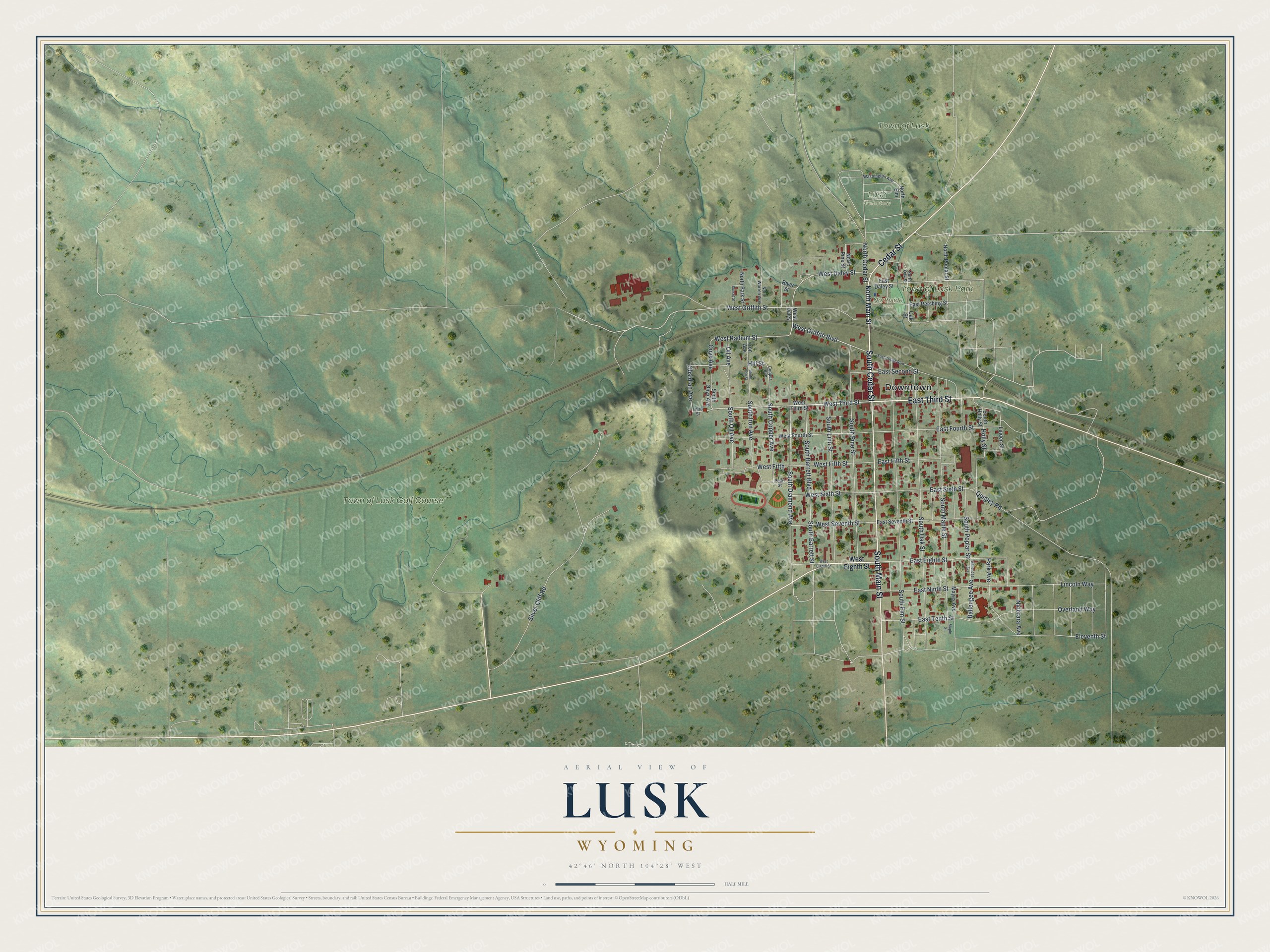 Full map of Lusk, Wyoming, with red buildings, printed street names and the land around them