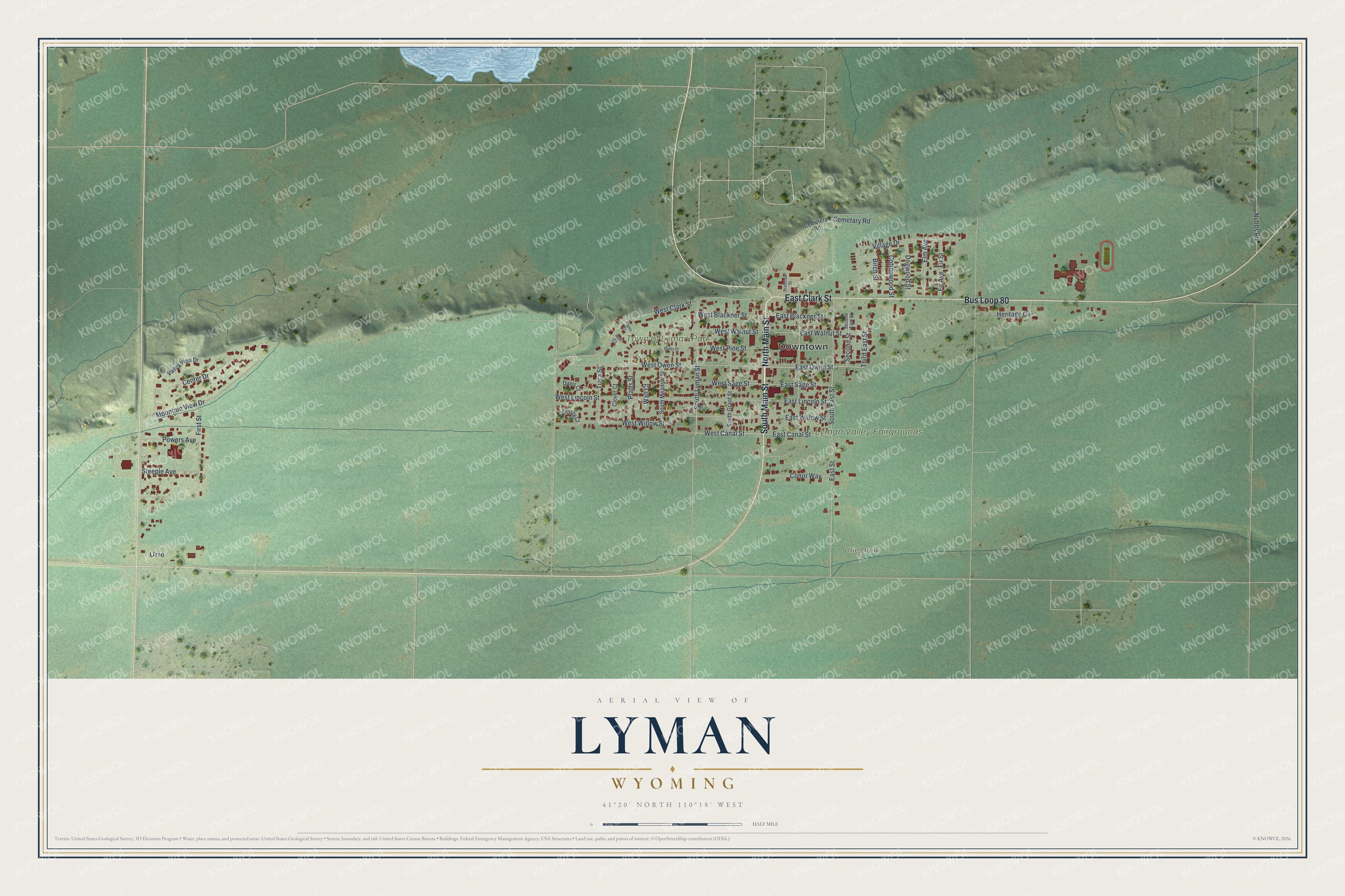 Full map of Lyman, Wyoming, with red buildings, printed street names and the land around them
