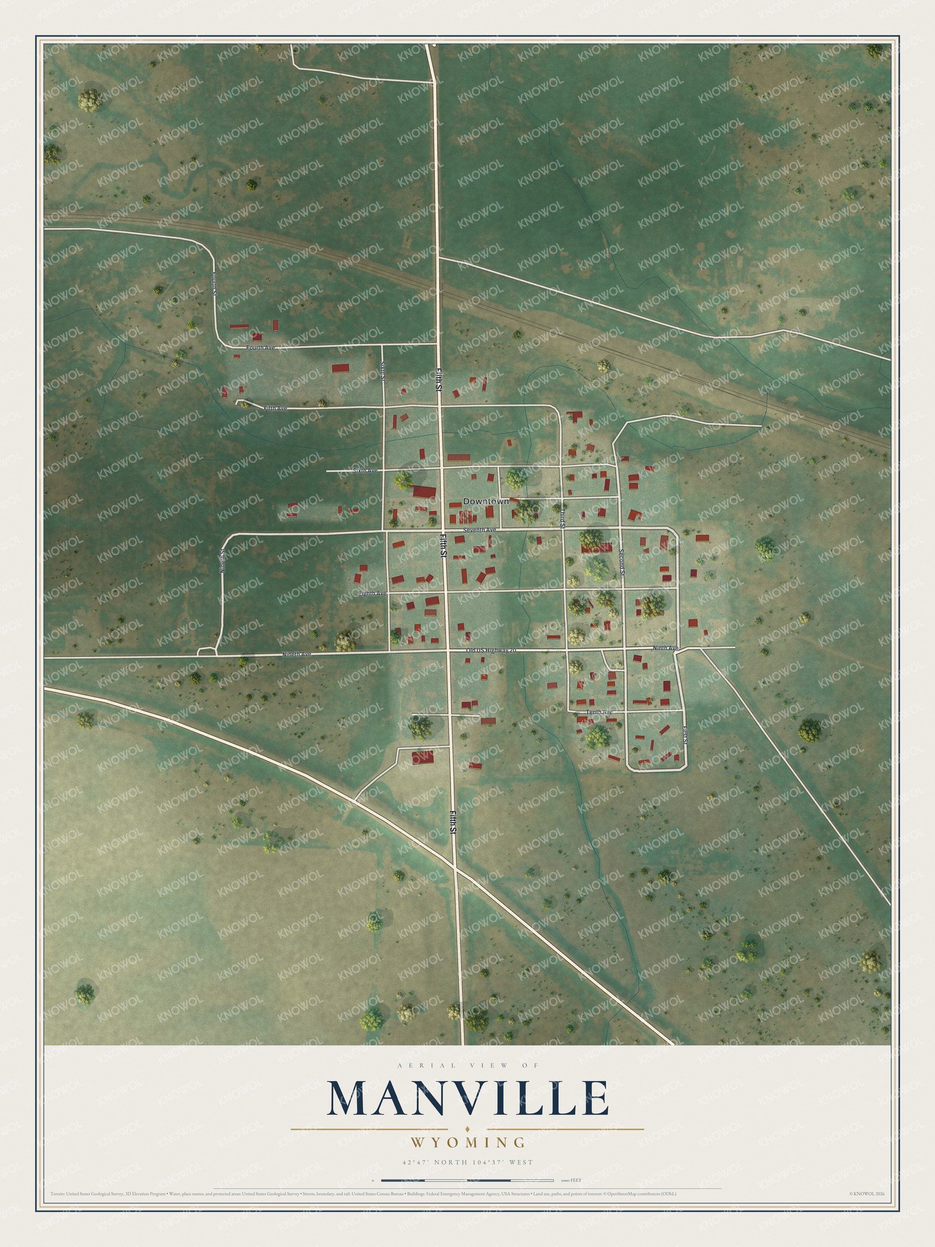 Full map of Manville, Wyoming, with red buildings, printed street names and the land around them