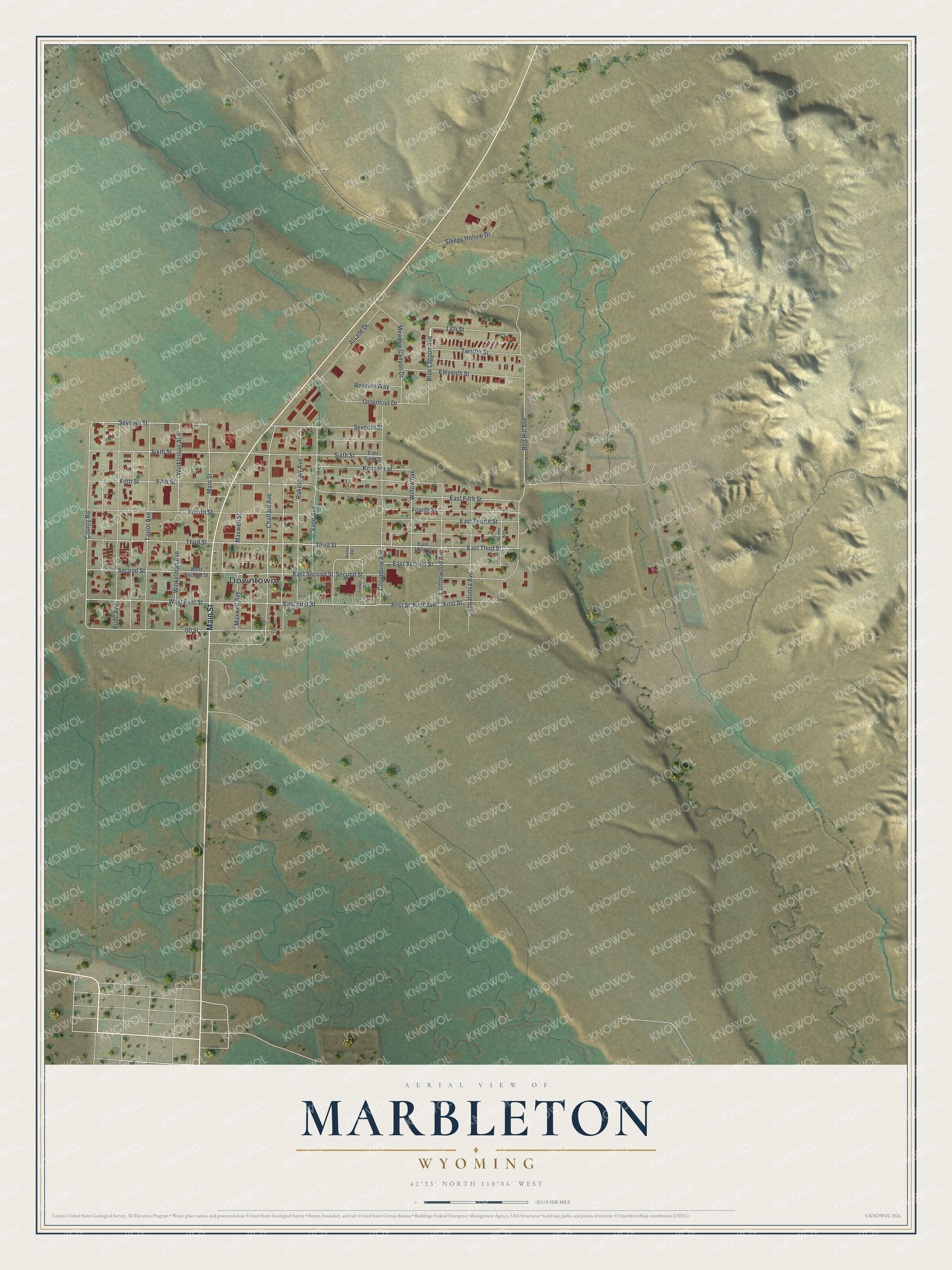 Full map of Marbleton, Wyoming, with red buildings, printed street names and the land around them