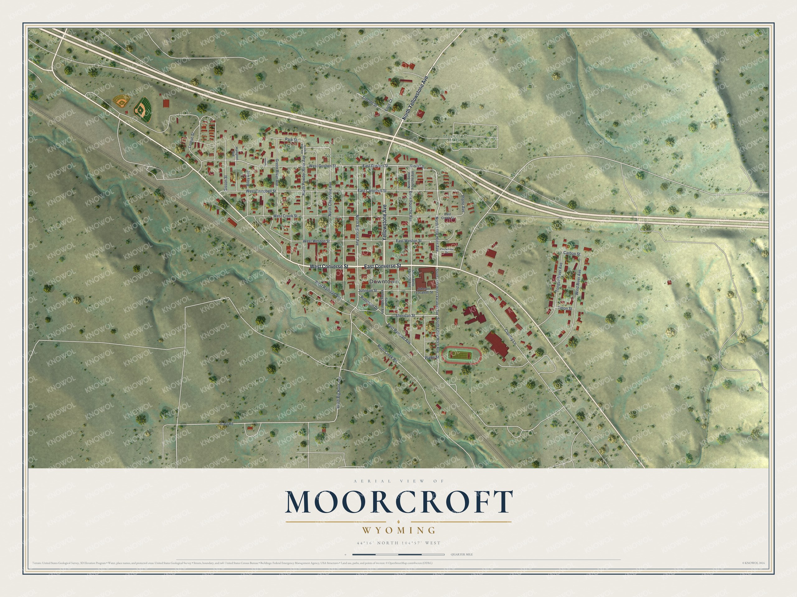 Full map of Moorcroft, Wyoming, with red buildings, printed street names and the land around them
