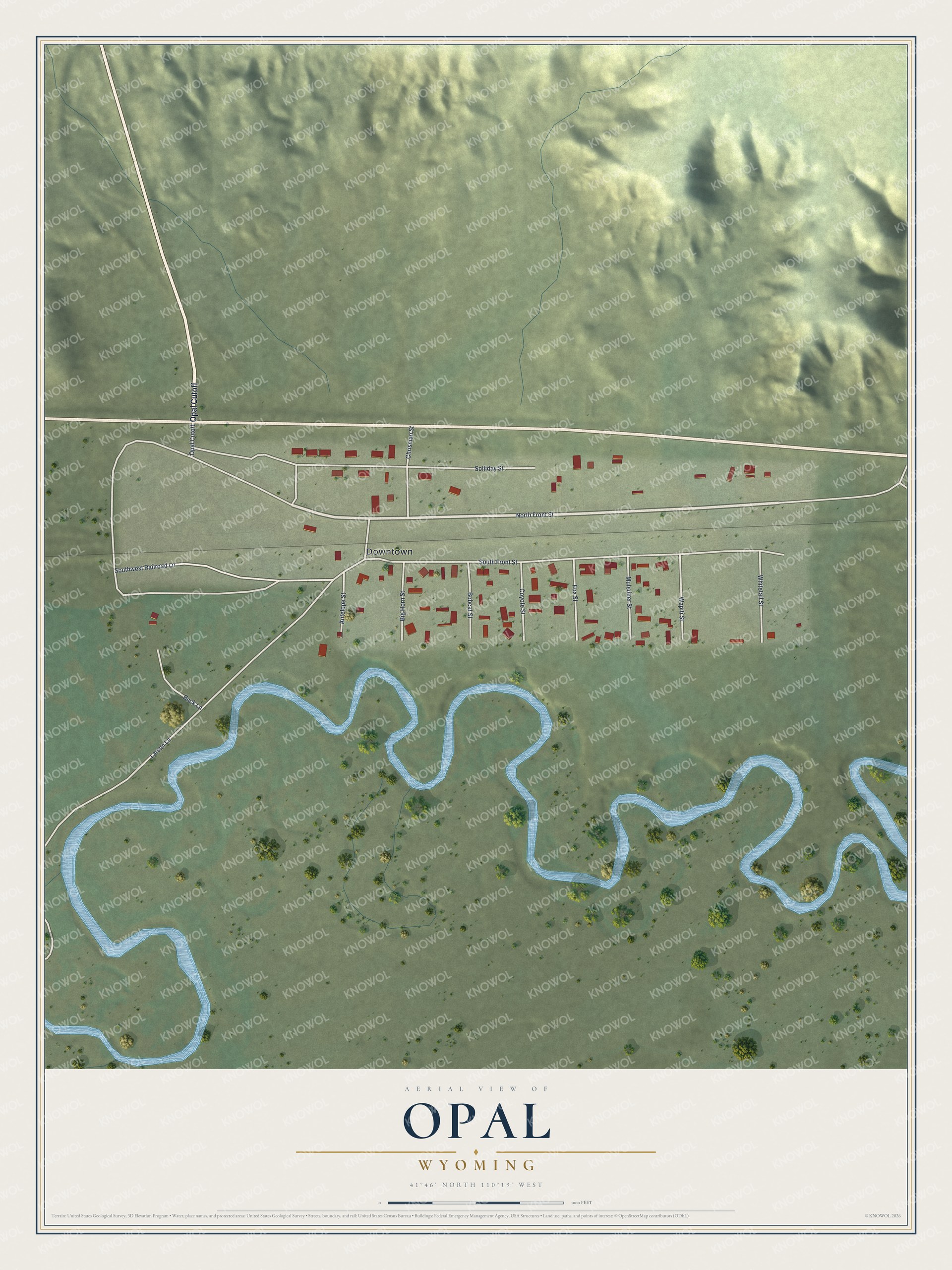 Full map of Opal, Wyoming, with red buildings, printed street names and the land around them