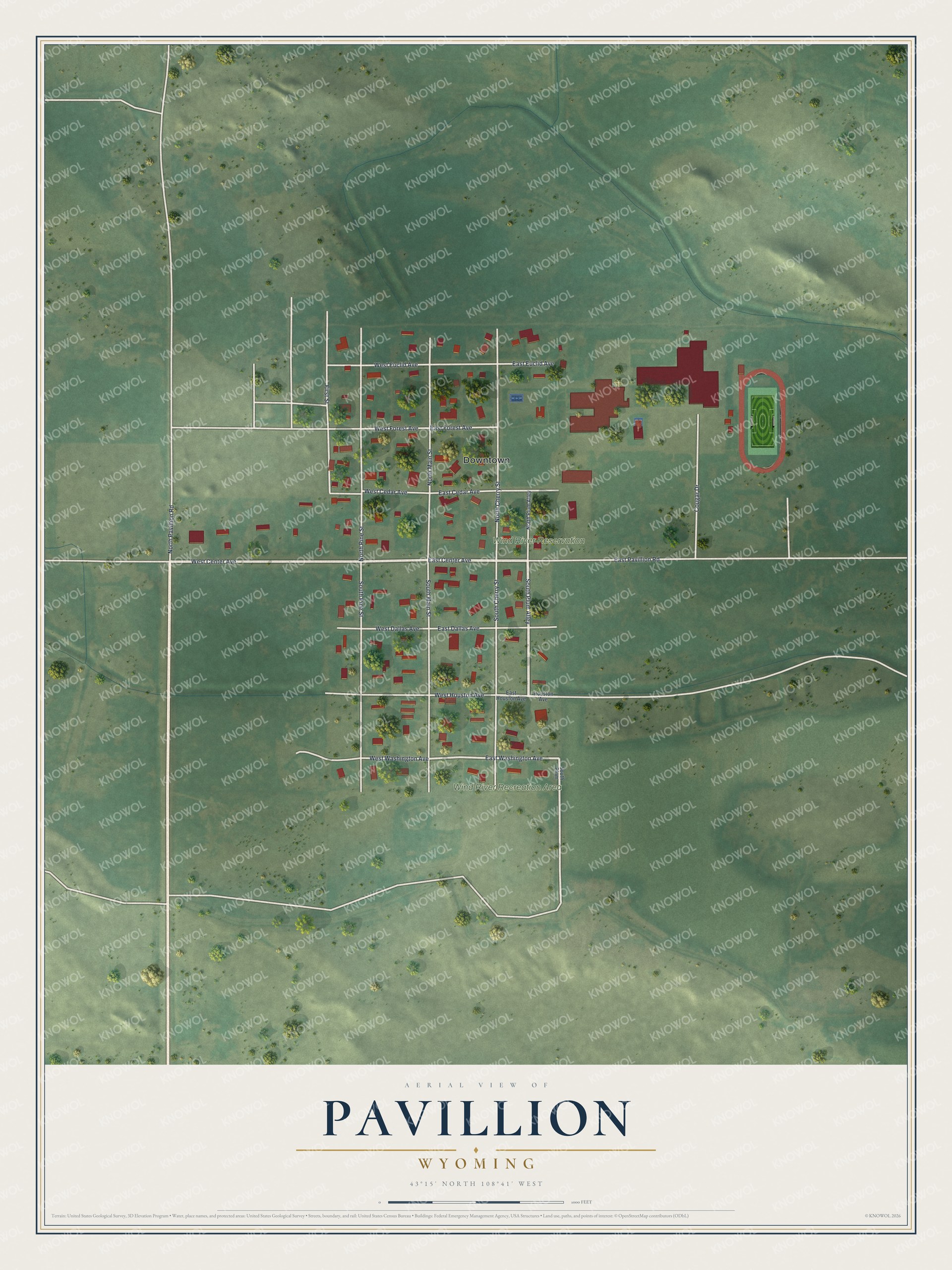 Full map of Pavillion, Wyoming, with red buildings, printed street names and the land around them