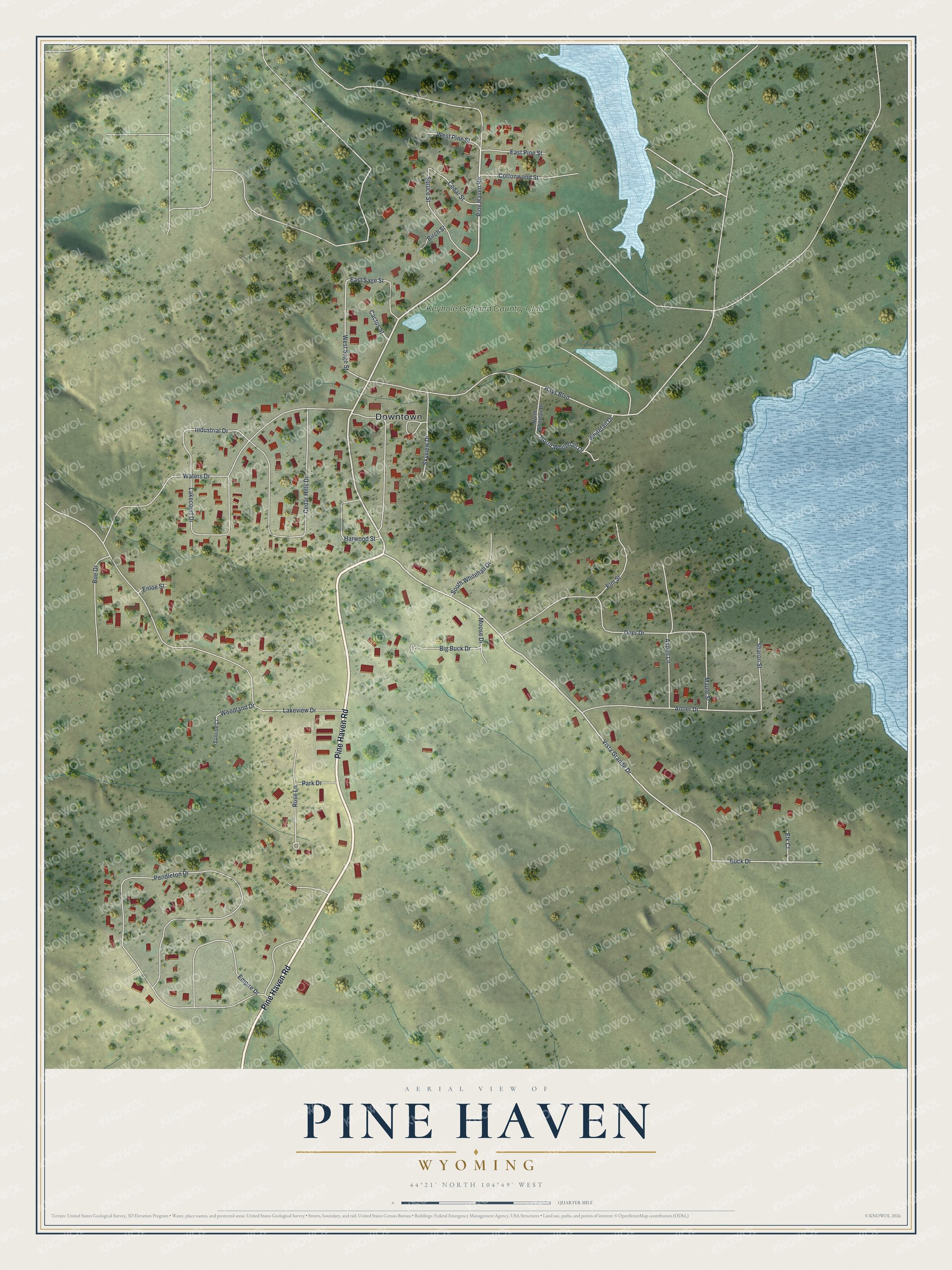Full map of Pine Haven, Wyoming, with red buildings, printed street names and the land around them