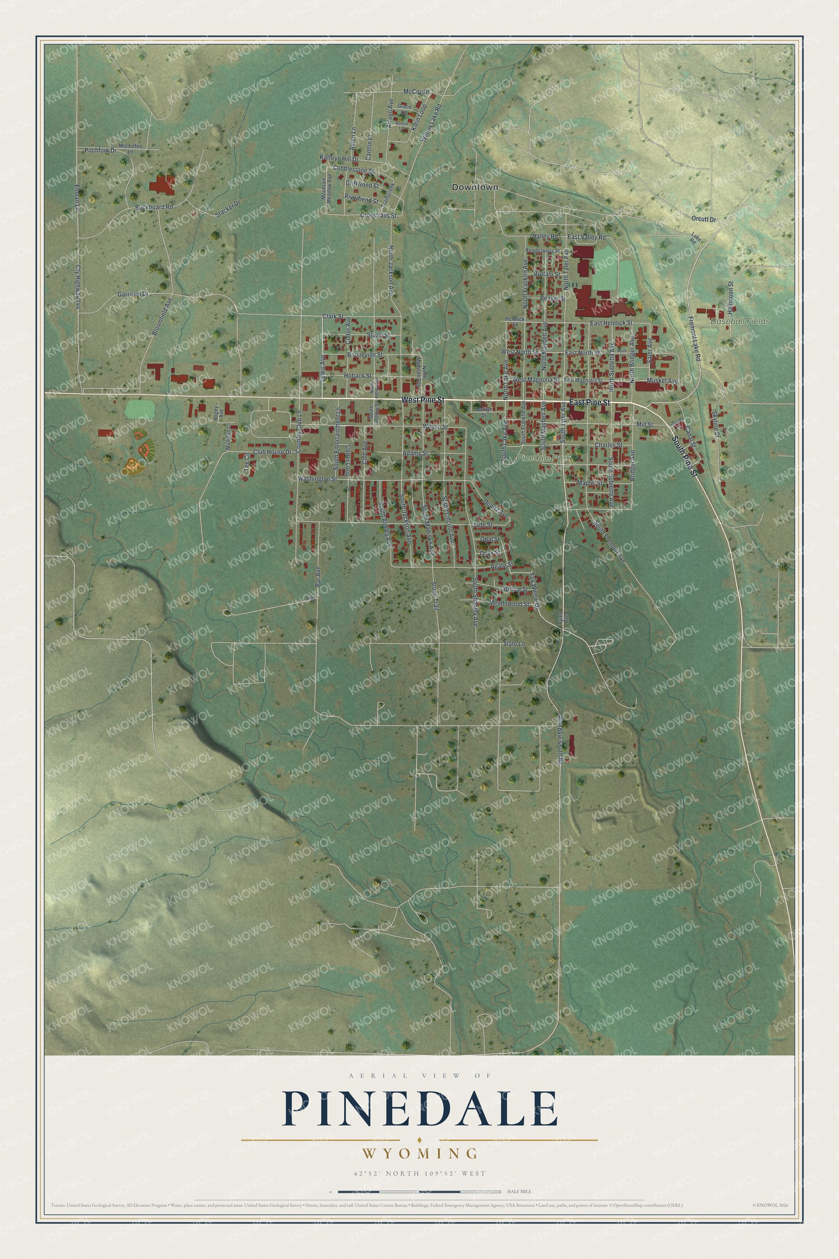 Full map of Pinedale, Wyoming, with red buildings, printed street names and the land around them