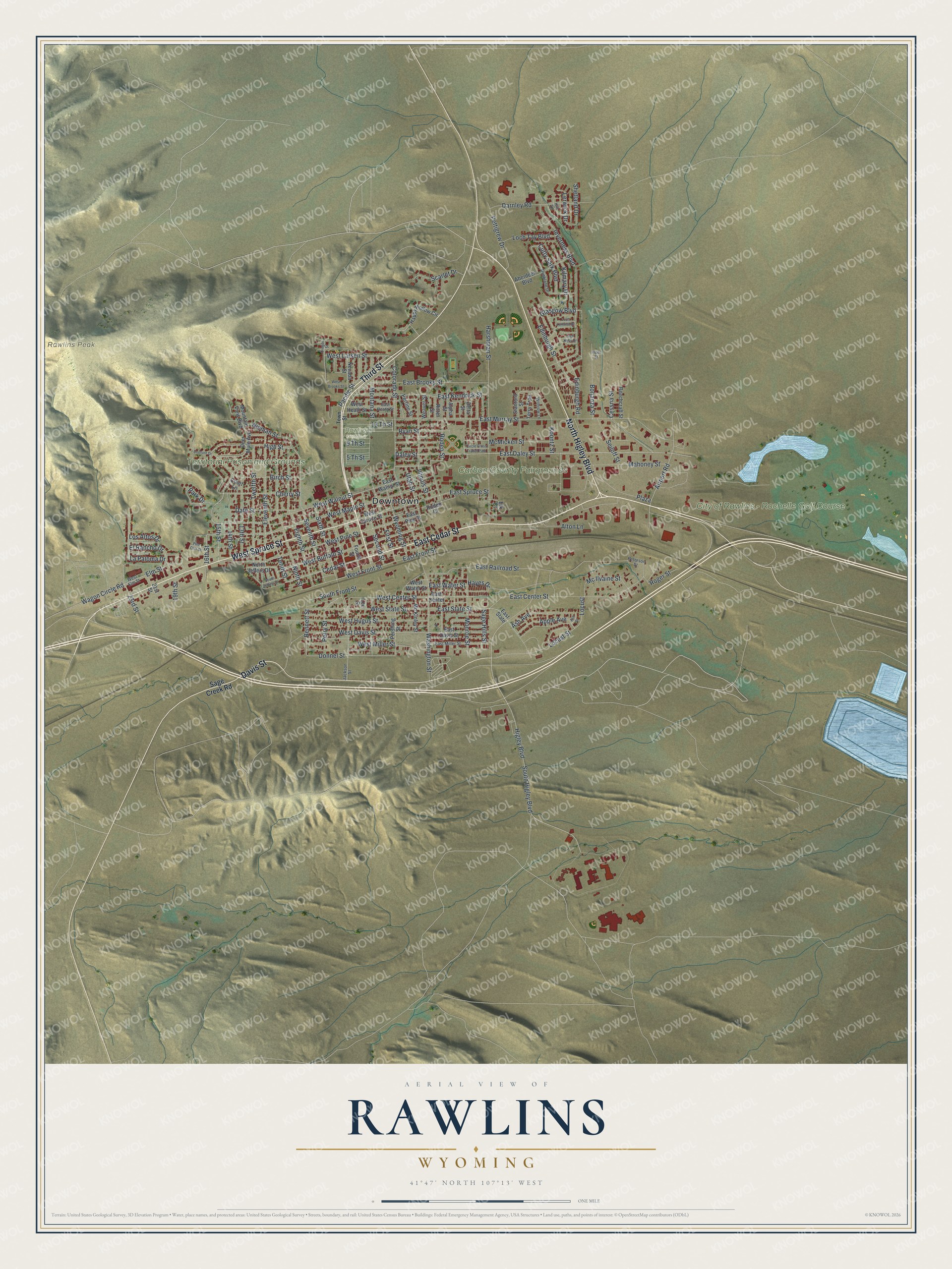 Full map of Rawlins, Wyoming, with red buildings, printed street names and the land around them