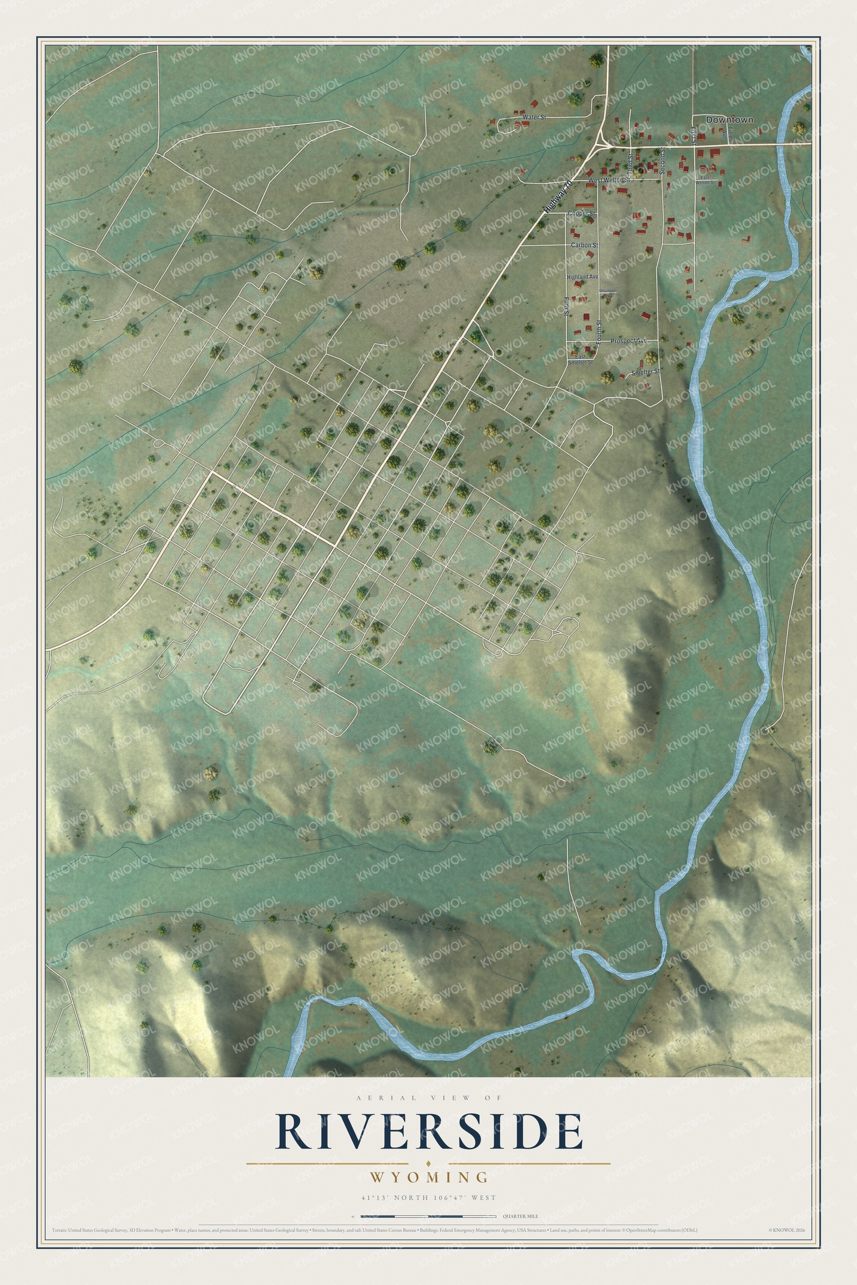 Full map of Riverside, Wyoming, with red buildings, printed street names and the land around them