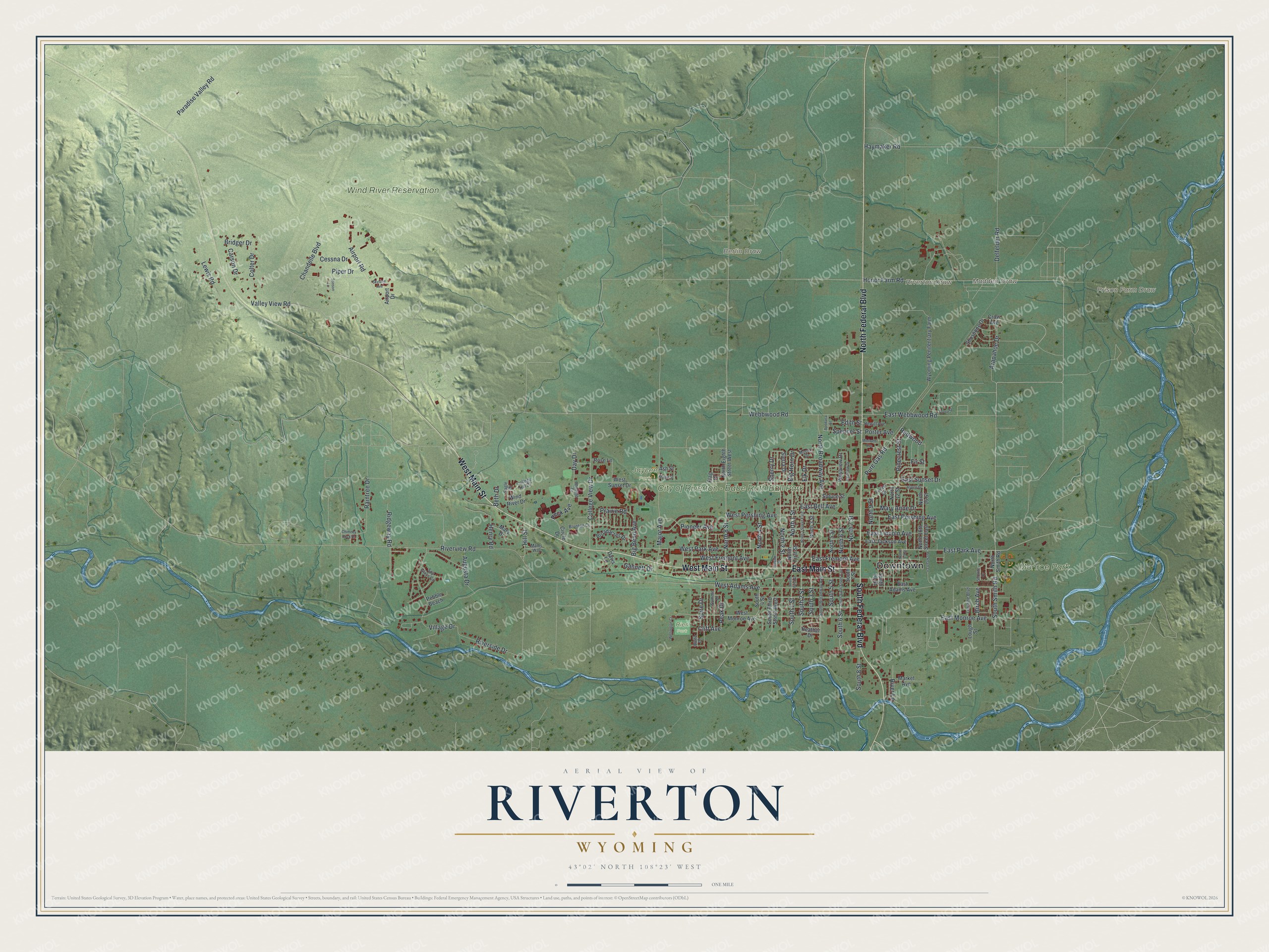 Full map of Riverton, Wyoming, with red buildings, printed street names and the land around them