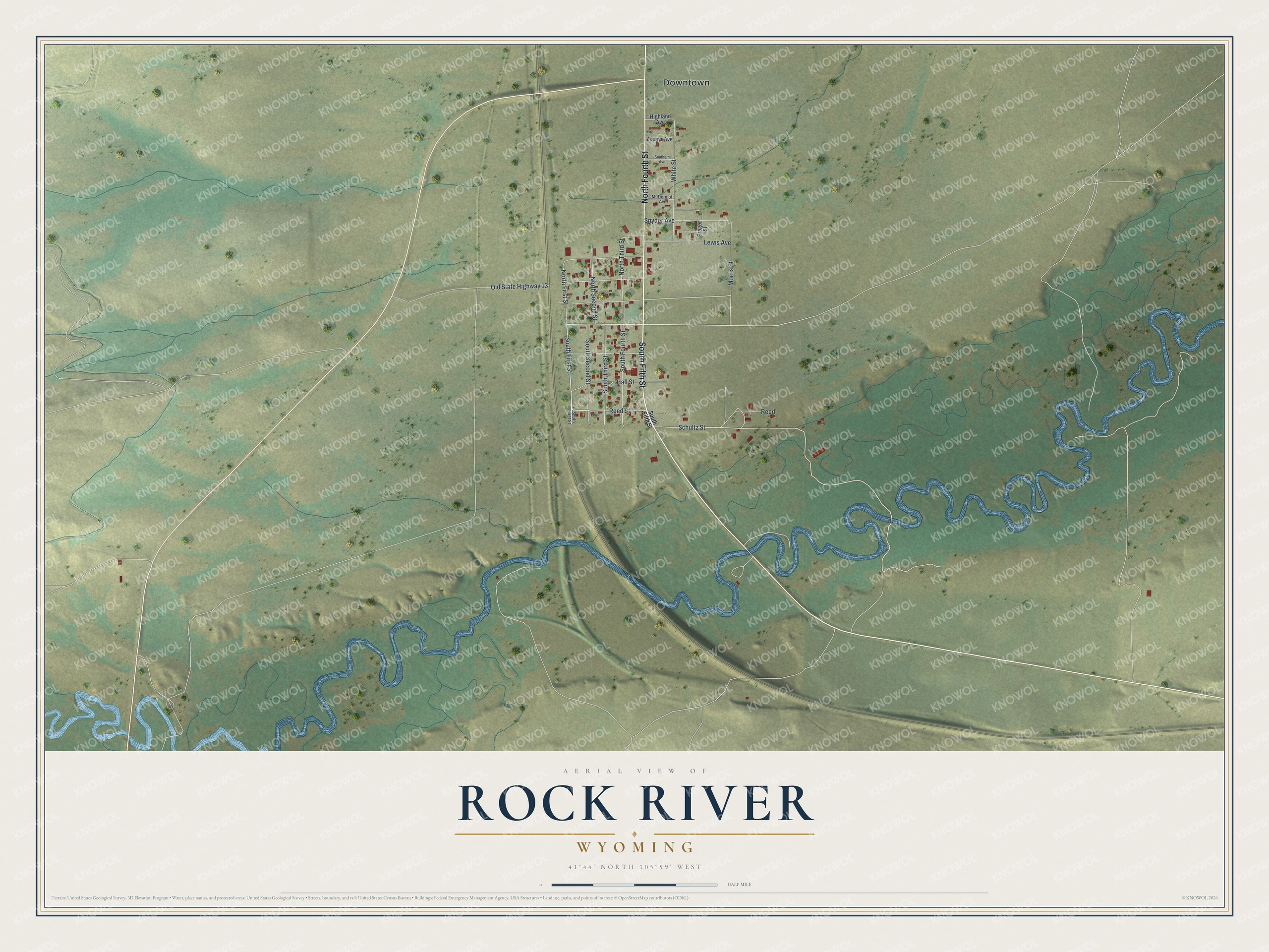 Full map of Rock River, Wyoming, with red buildings, printed street names and the land around them