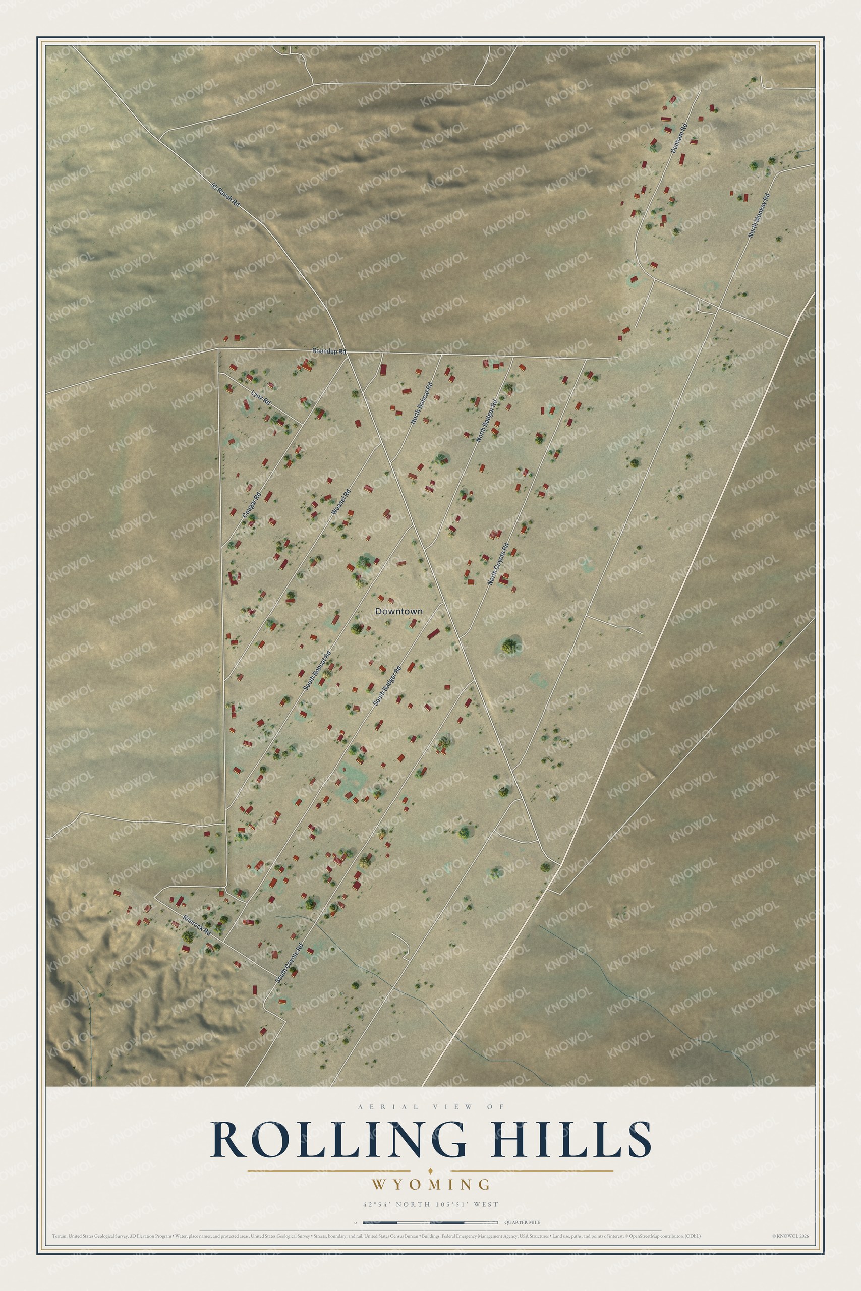 Full map of Rolling Hills, Wyoming, with red buildings, printed street names and the land around them