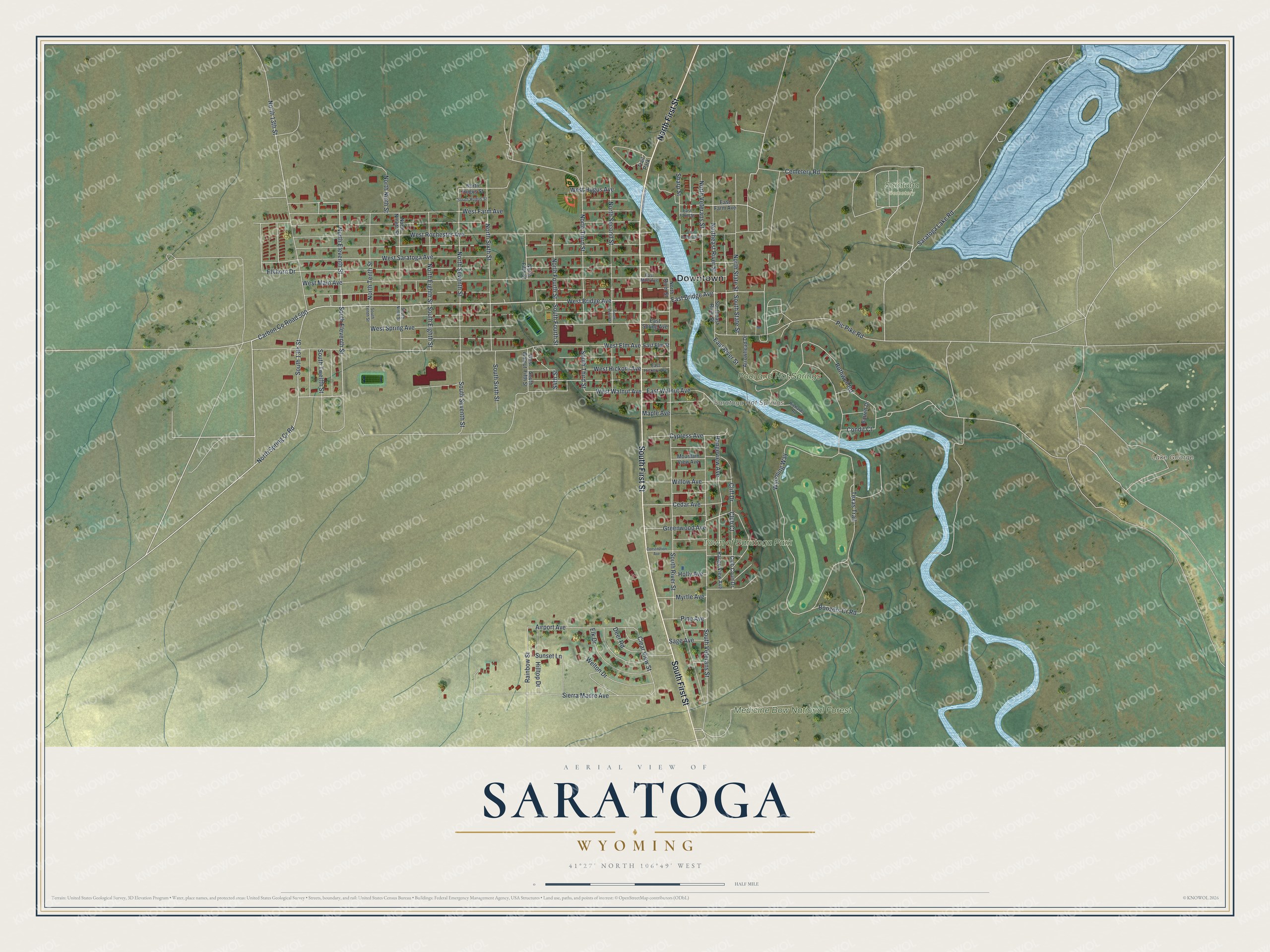 Full map of Saratoga, Wyoming, with red buildings, printed street names and the land around them