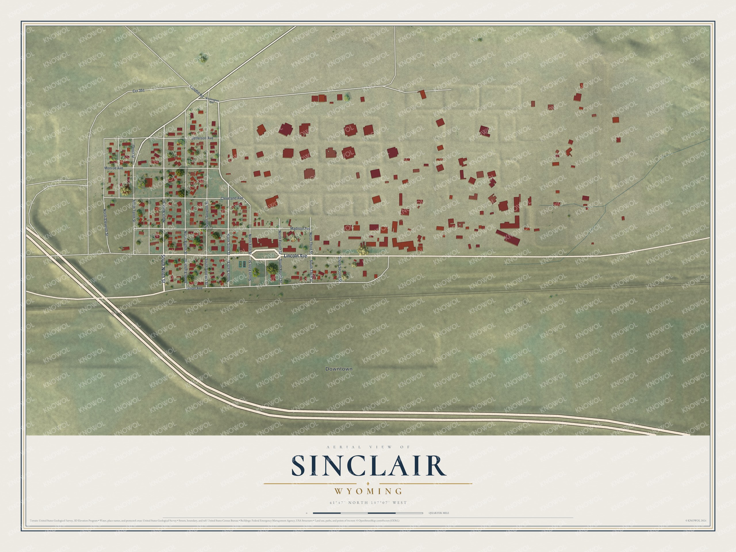 Full map of Sinclair, Wyoming, with red buildings, printed street names and the land around them