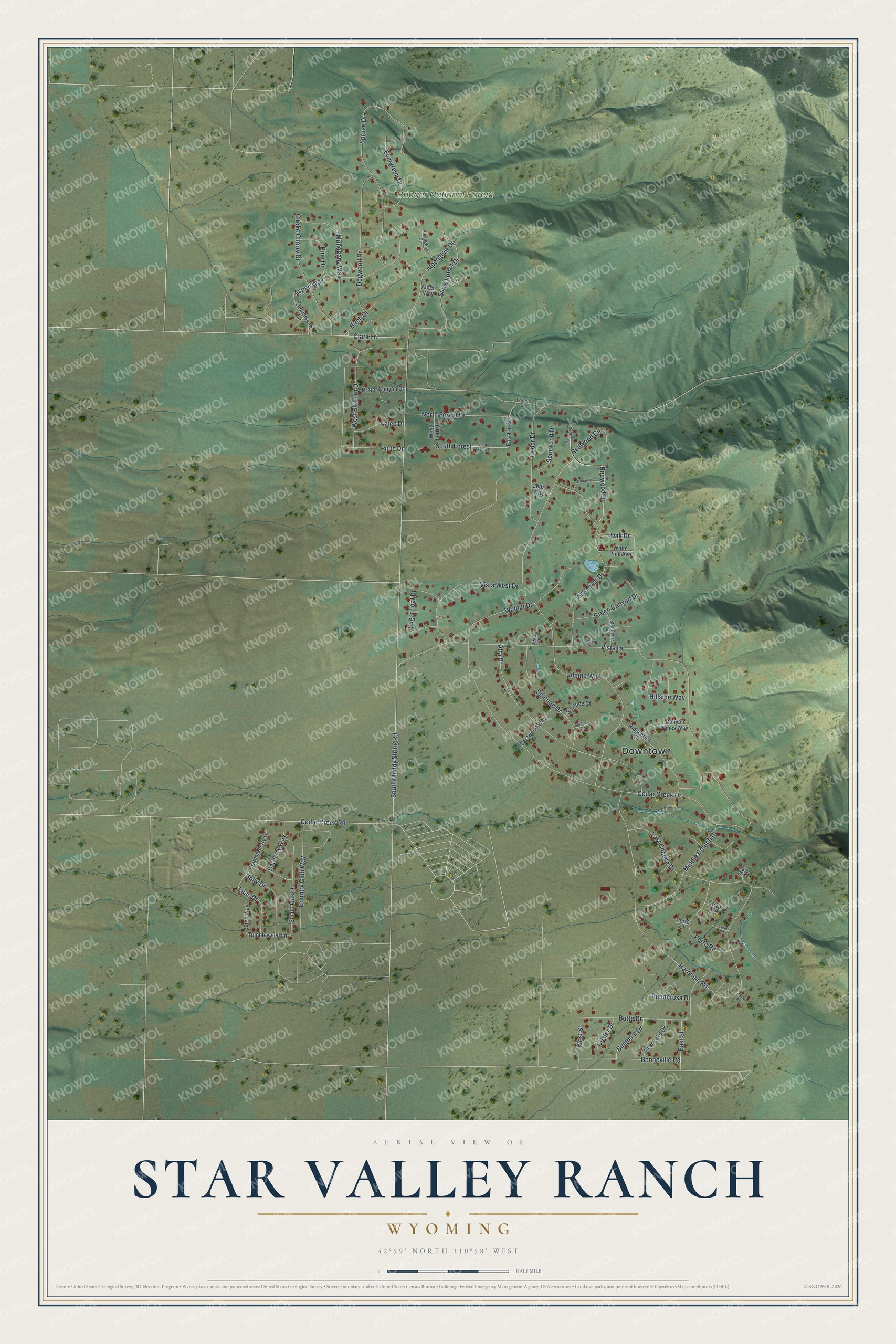 Full map of Star Valley Ranch, Wyoming, with red buildings, printed street names and the land around them